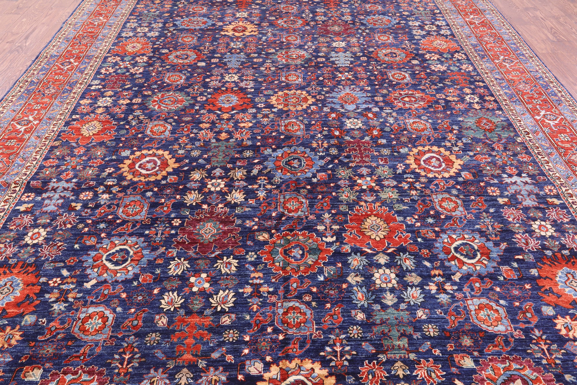 Blue Persian Fine Serapi Hand Knotted Wool Rug - 9' 9" X 13' 2" - Golden Nile