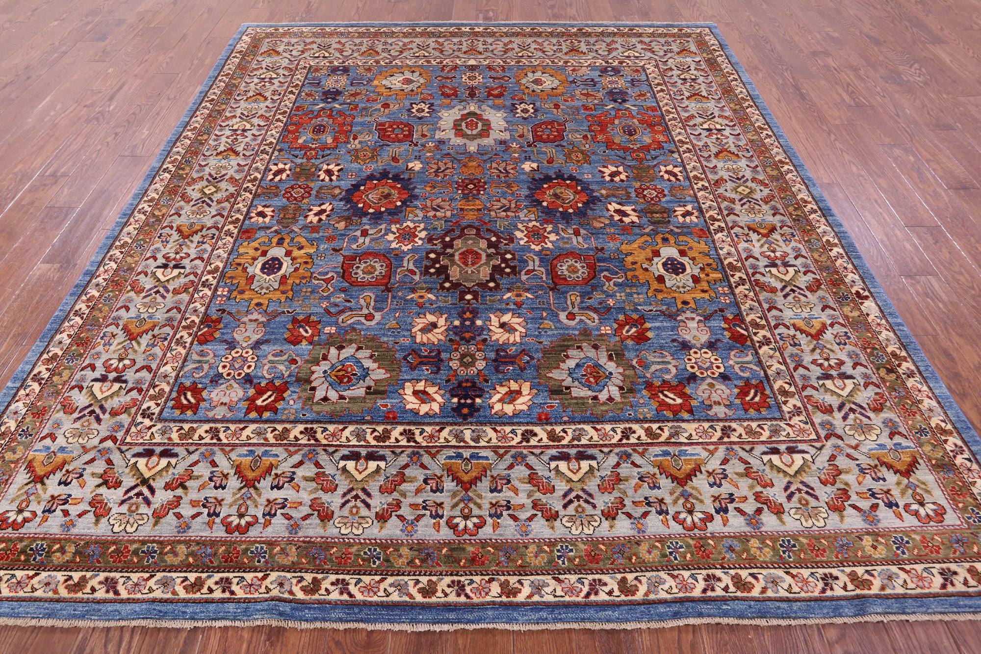Blue Persian Fine Serapi Hand Knotted Wool Rug - 8' 5" X 9' 8" - Golden Nile