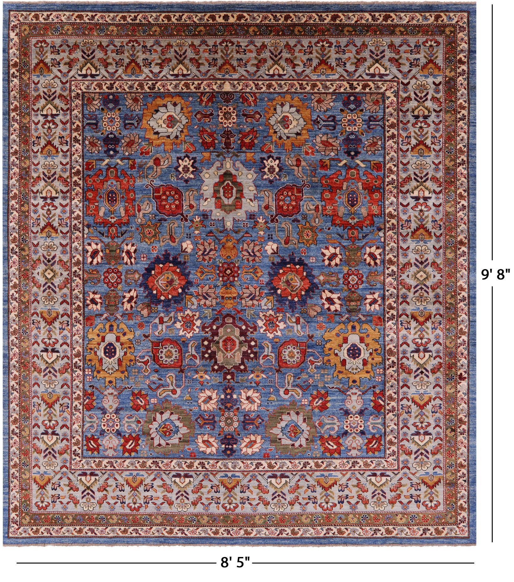 Blue Persian Fine Serapi Hand Knotted Wool Rug - 8' 5" X 9' 8" - Golden Nile