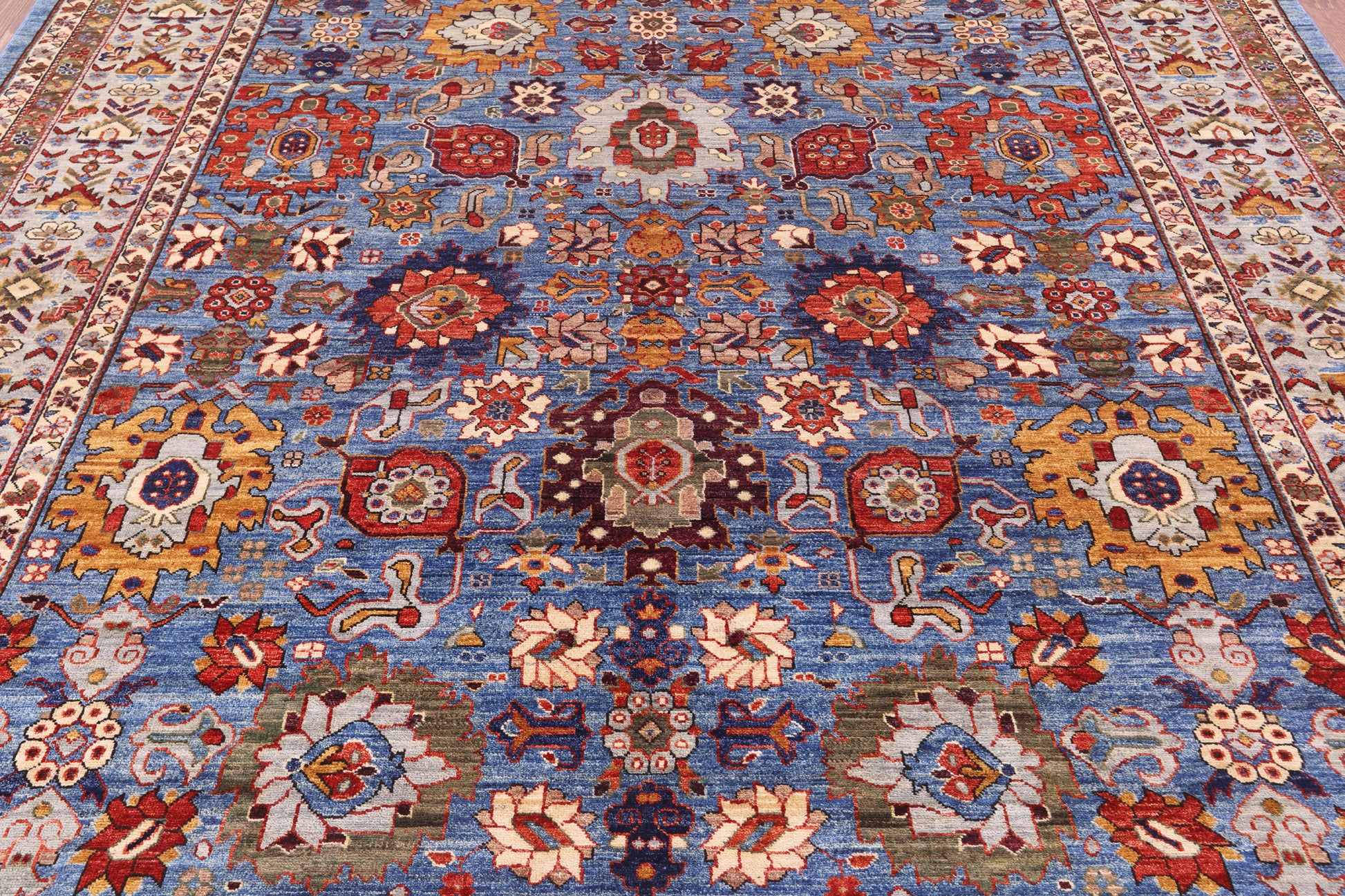 Blue Persian Fine Serapi Hand Knotted Wool Rug - 8' 5" X 9' 8" - Golden Nile