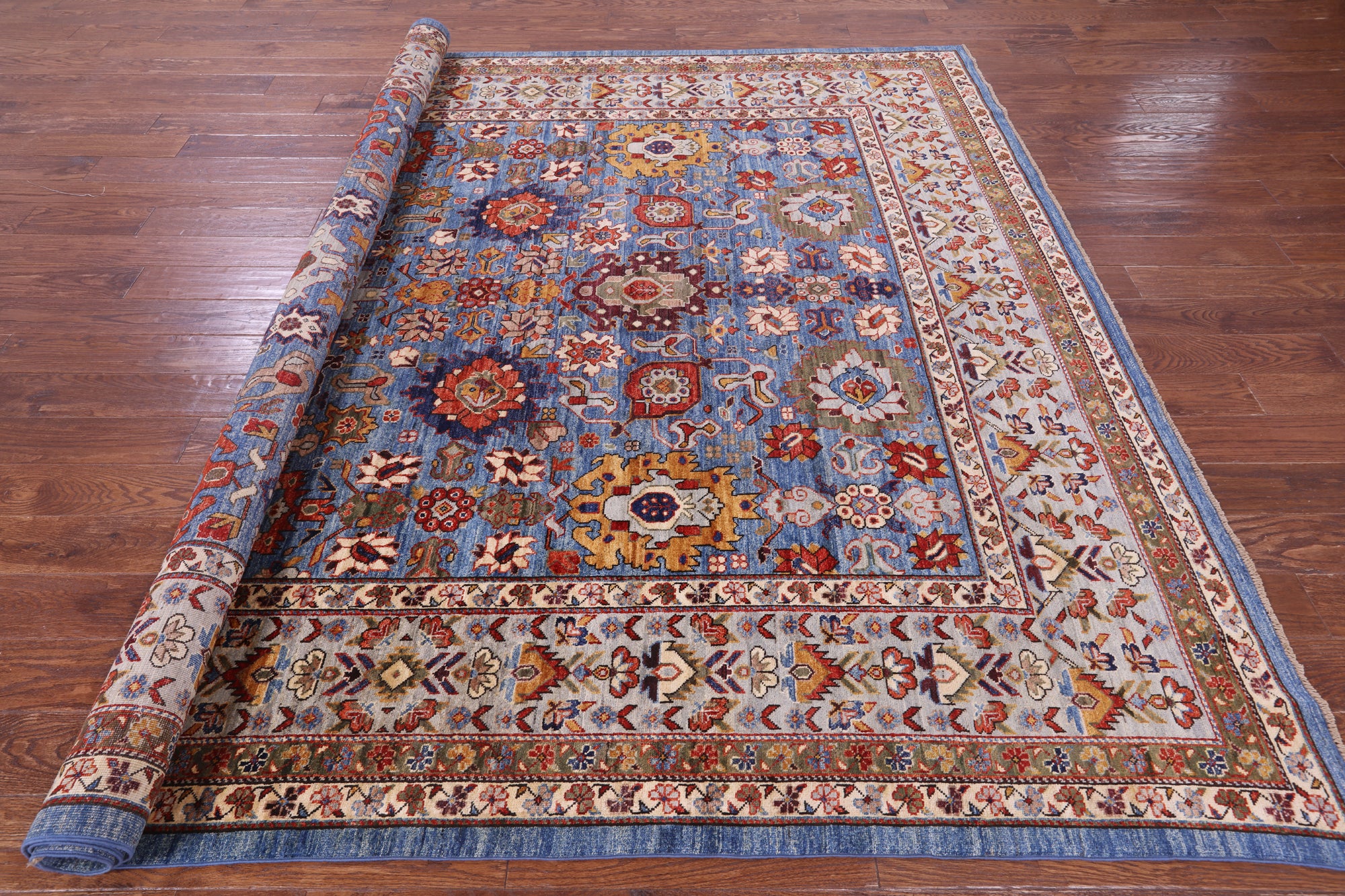 Blue Persian Fine Serapi Hand Knotted Wool Rug - 8' 5" X 9' 8" - Golden Nile