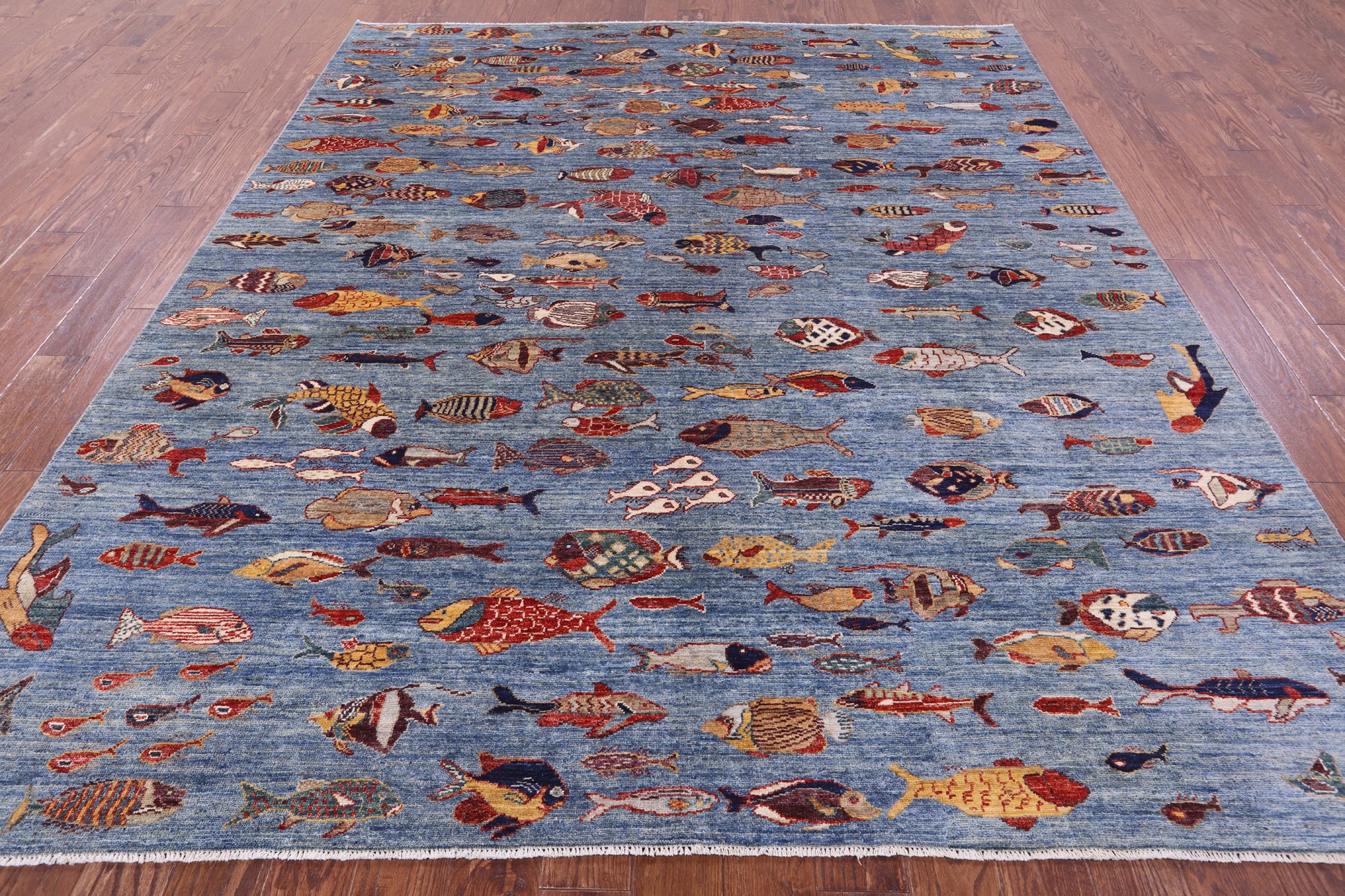 Blue Fish Design Persian Gabbeh Handmade Wool Rug - 8' 1" X 9' 7" - Golden Nile