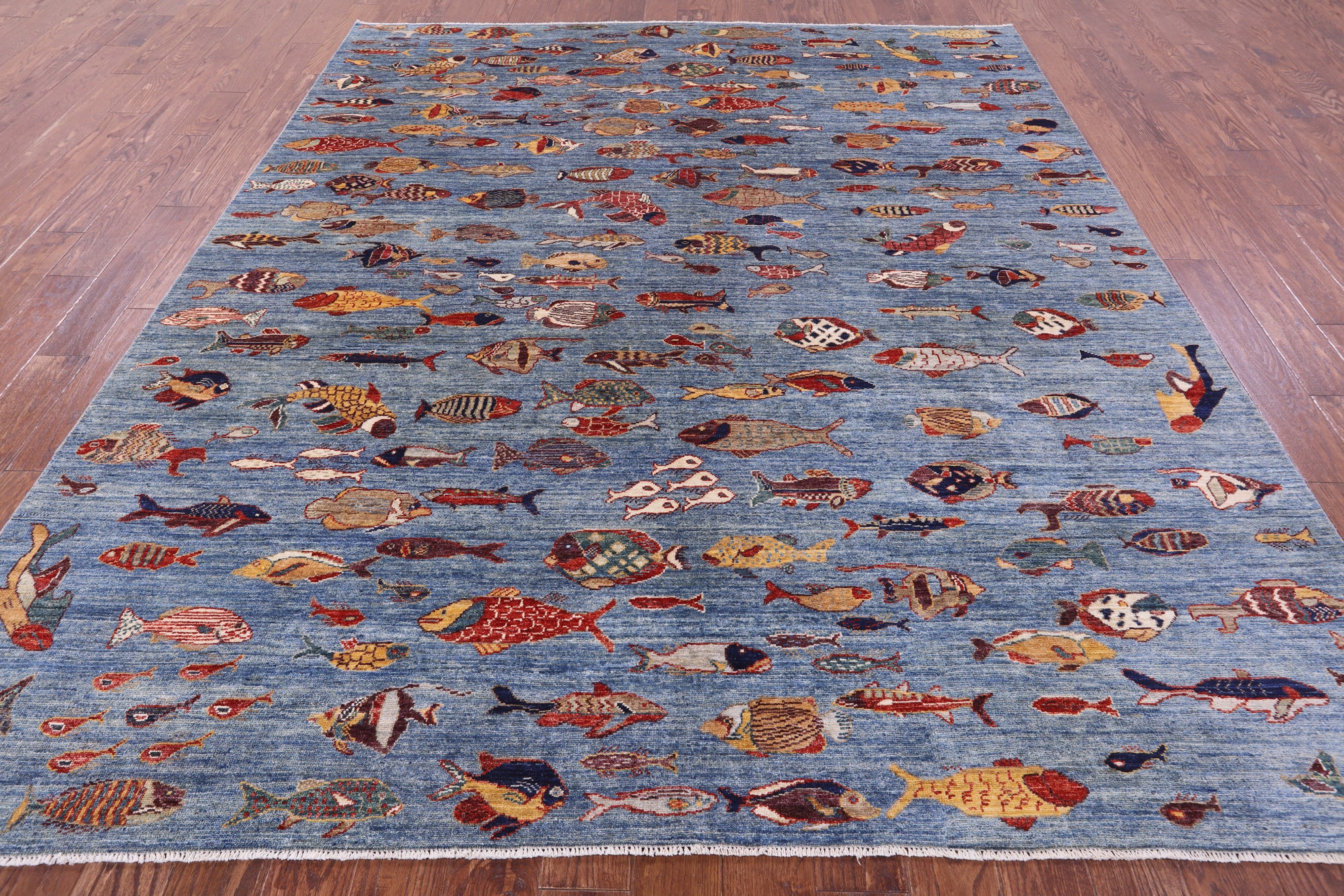 Blue Fish Design Persian Gabbeh Handmade Wool Rug - 8' 1" X 9' 7" - Golden Nile