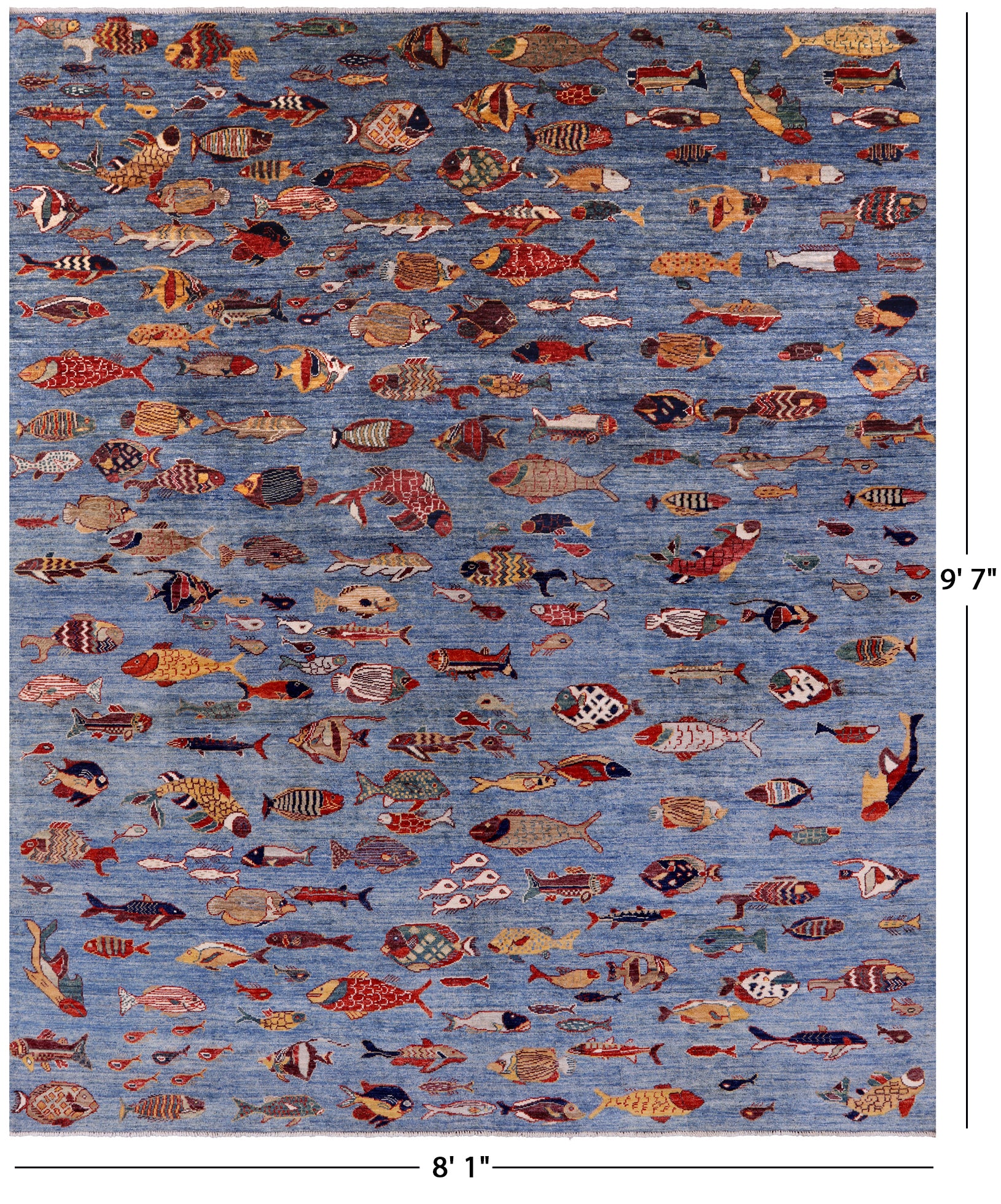Blue Fish Design Persian Gabbeh Handmade Wool Rug - 8' 1" X 9' 7" - Golden Nile