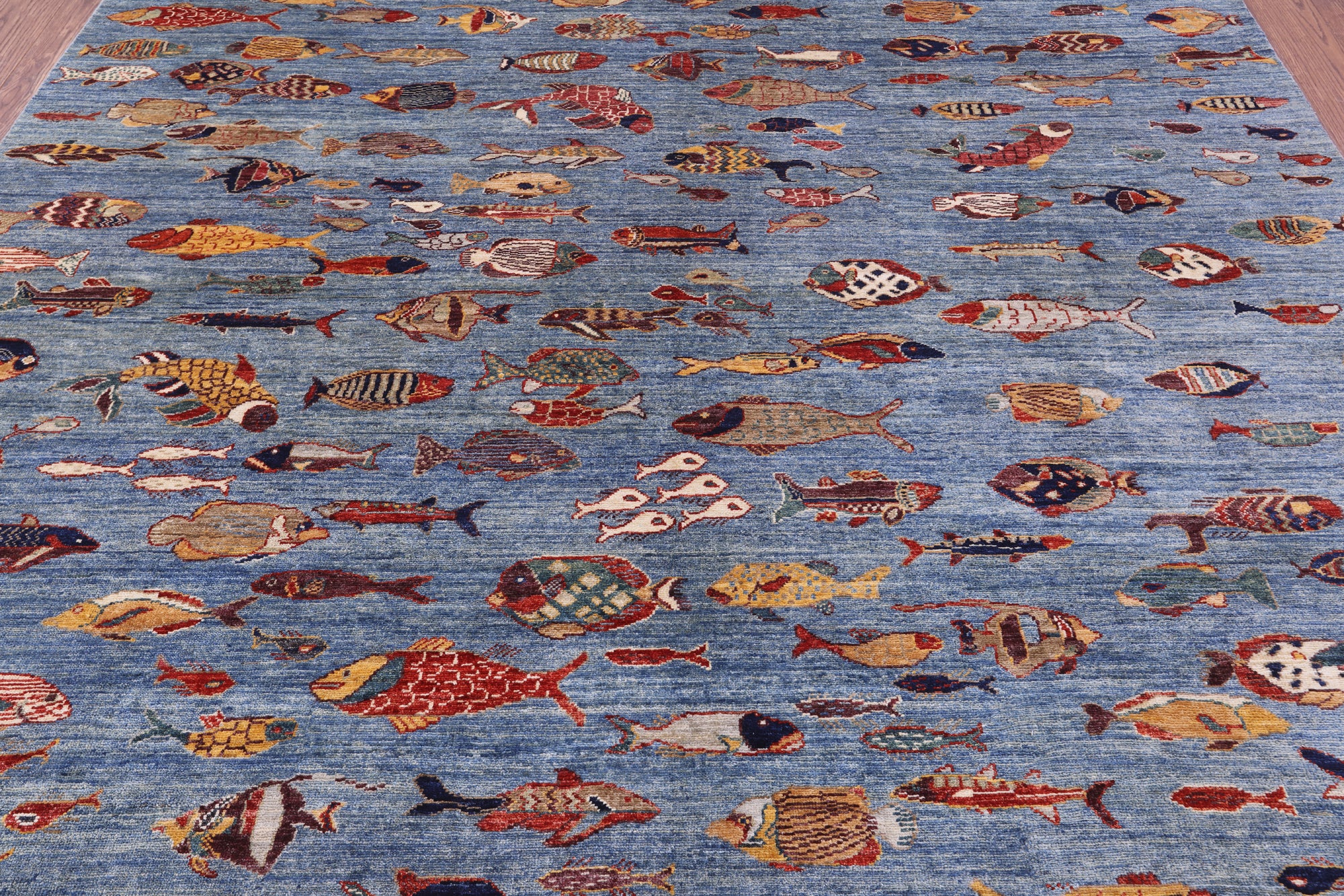 Blue Fish Design Persian Gabbeh Handmade Wool Rug - 8' 1" X 9' 7" - Golden Nile