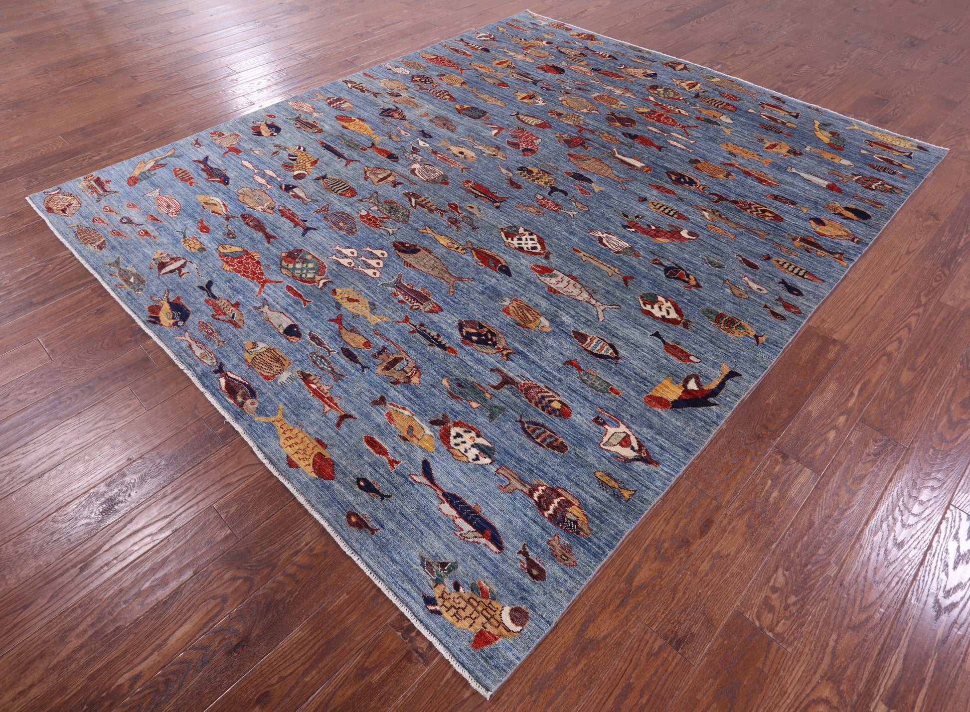 Blue Fish Design Persian Gabbeh Handmade Wool Rug - 8' 1" X 9' 7" - Golden Nile