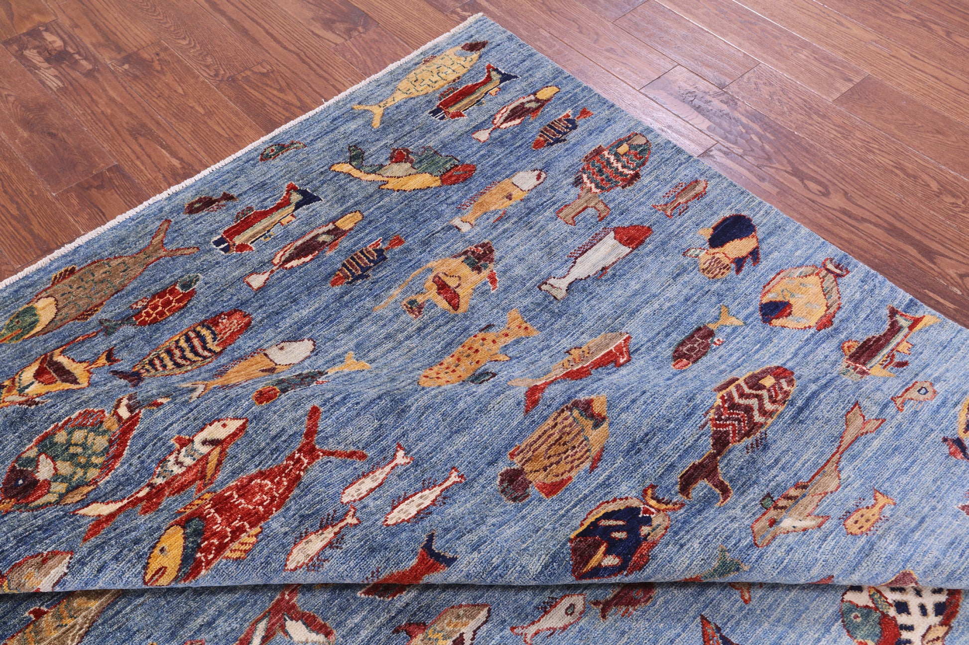 Blue Fish Design Persian Gabbeh Handmade Wool Rug - 8' 1" X 9' 7" - Golden Nile
