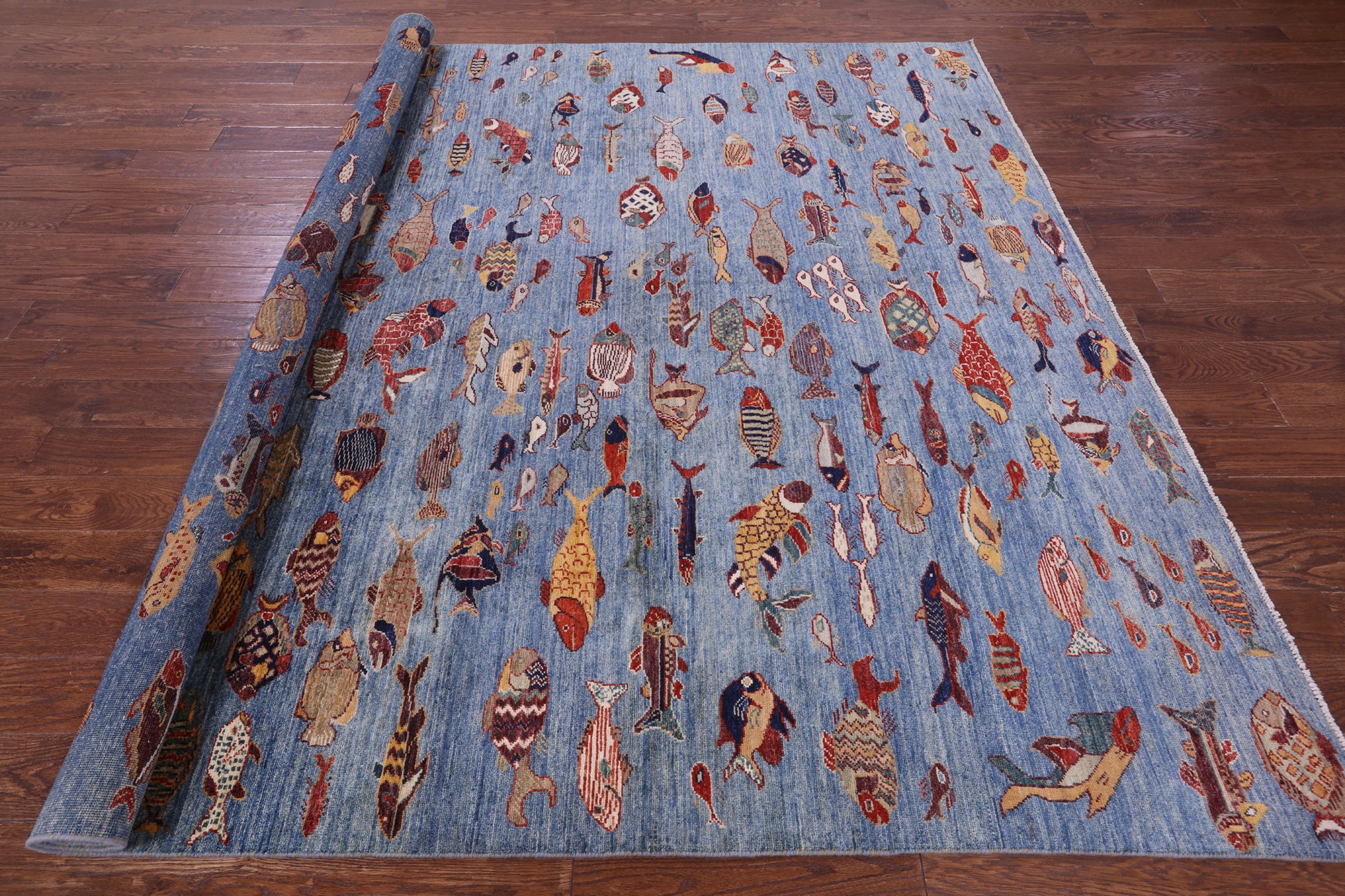 Blue Fish Design Persian Gabbeh Handmade Wool Rug - 8' 1" X 9' 7" - Golden Nile