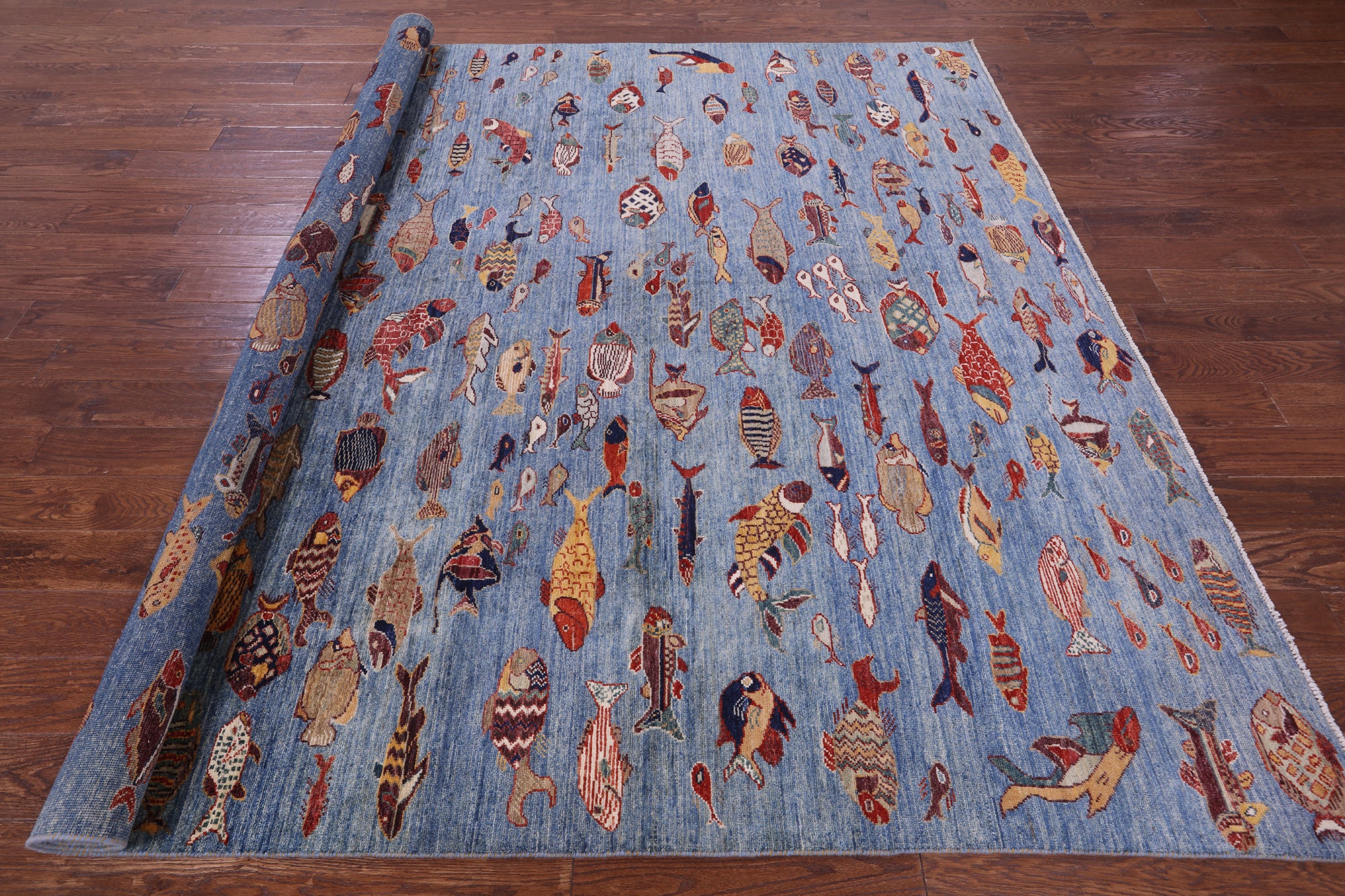 Blue Fish Design Persian Gabbeh Handmade Wool Rug - 8' 1" X 9' 7" - Golden Nile