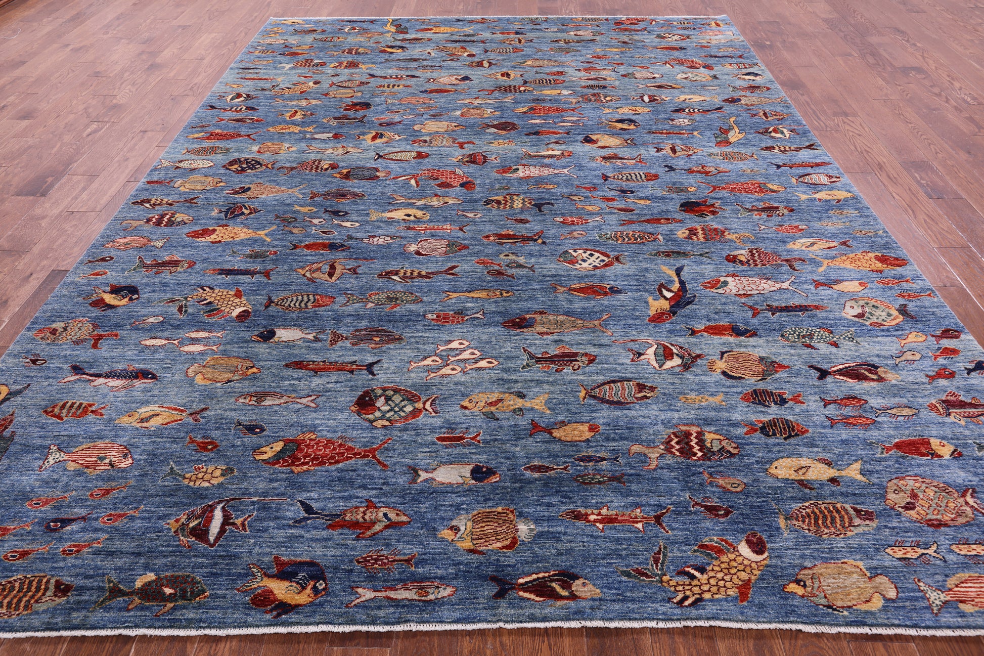Blue Fish Design Persian Gabbeh Hand Knotted Wool Rug - 9' 0" X 11' 9" - Golden Nile
