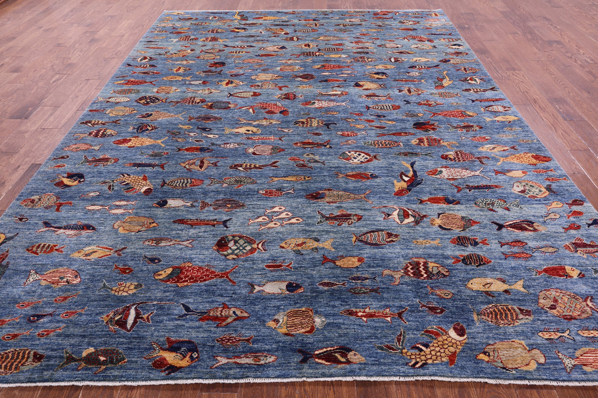 Blue Fish Design Persian Gabbeh Hand Knotted Wool Rug - 9' 0" X 11' 9" - Golden Nile