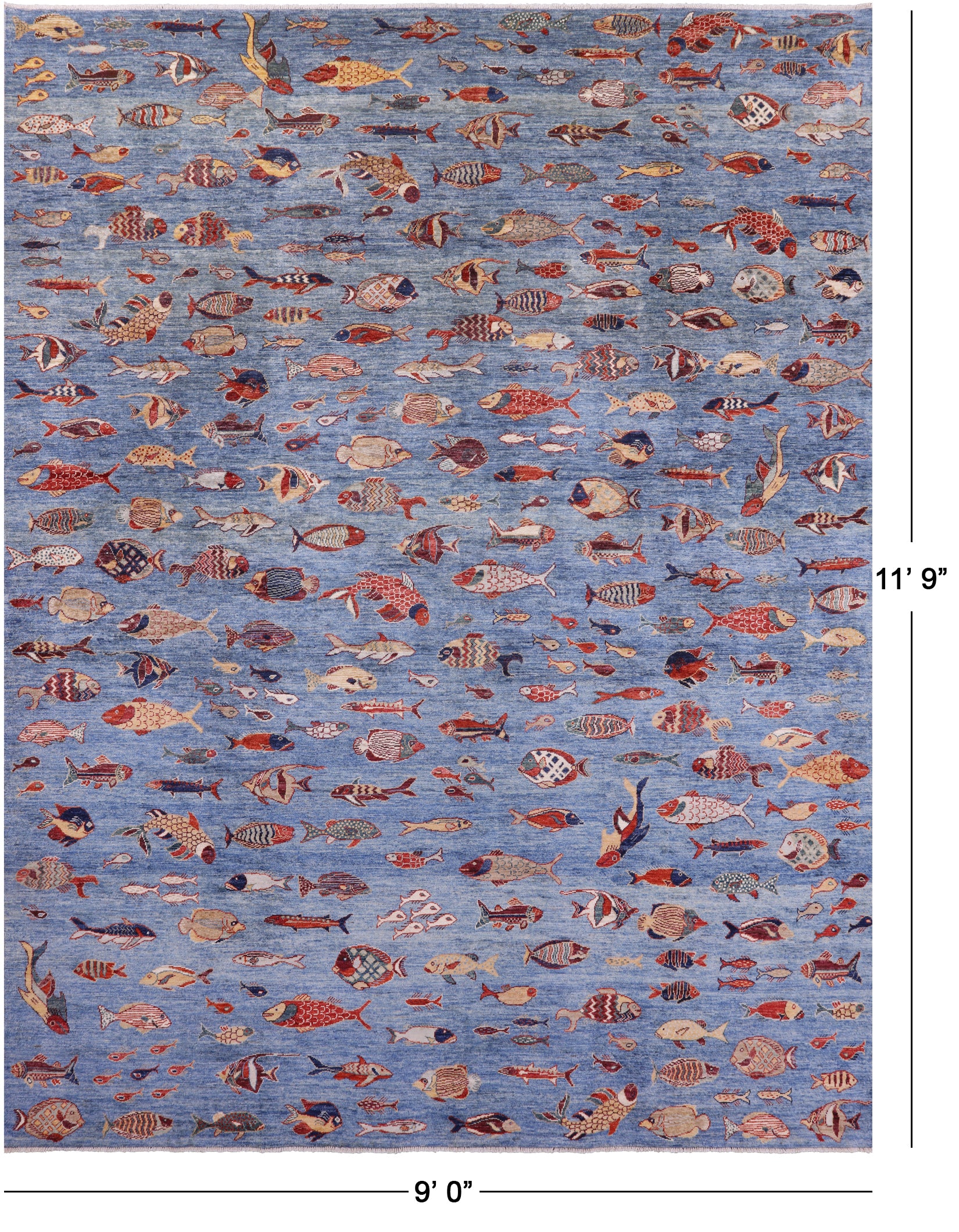 Blue Fish Design Persian Gabbeh Hand Knotted Wool Rug - 9' 0" X 11' 9" - Golden Nile