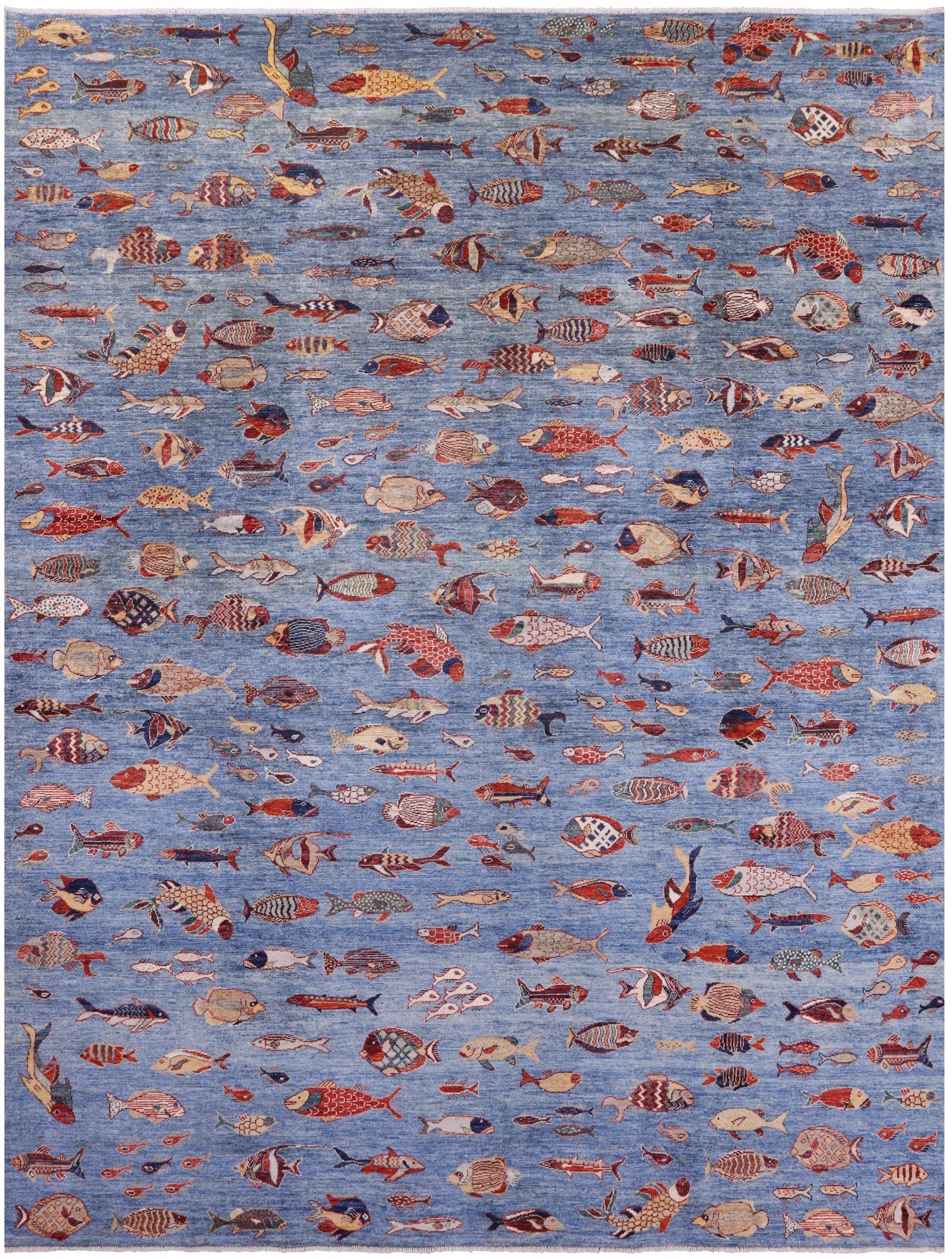 Blue Fish Design Persian Gabbeh Hand Knotted Wool Rug - 9' 0" X 11' 9" - Golden Nile