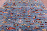 Blue Fish Design Persian Gabbeh Hand Knotted Wool Rug - 9' 0" X 11' 9" - Golden Nile