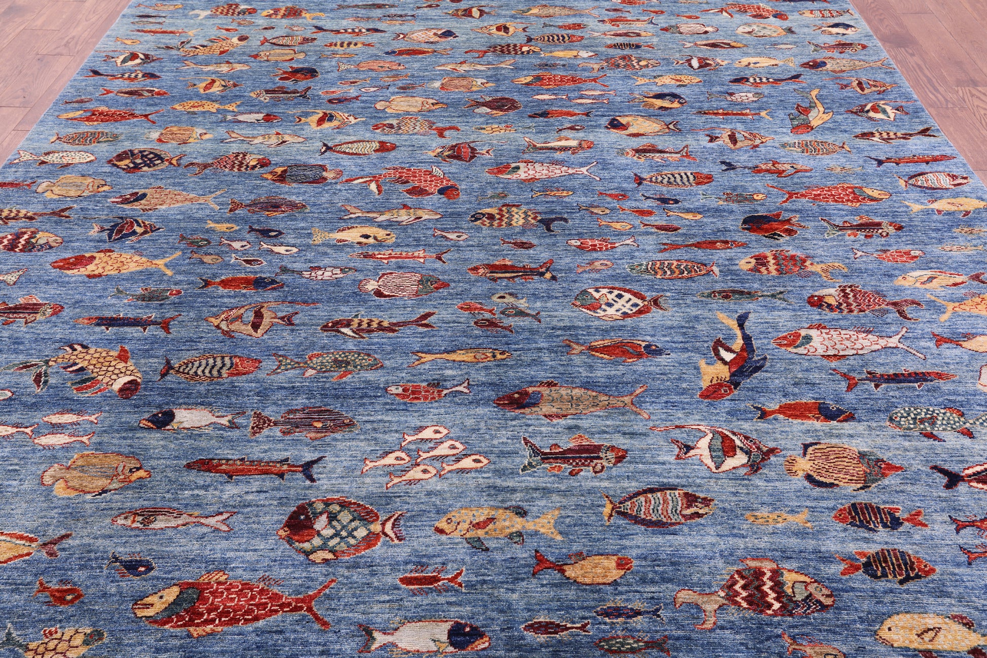 Blue Fish Design Persian Gabbeh Hand Knotted Wool Rug - 9' 0" X 11' 9" - Golden Nile