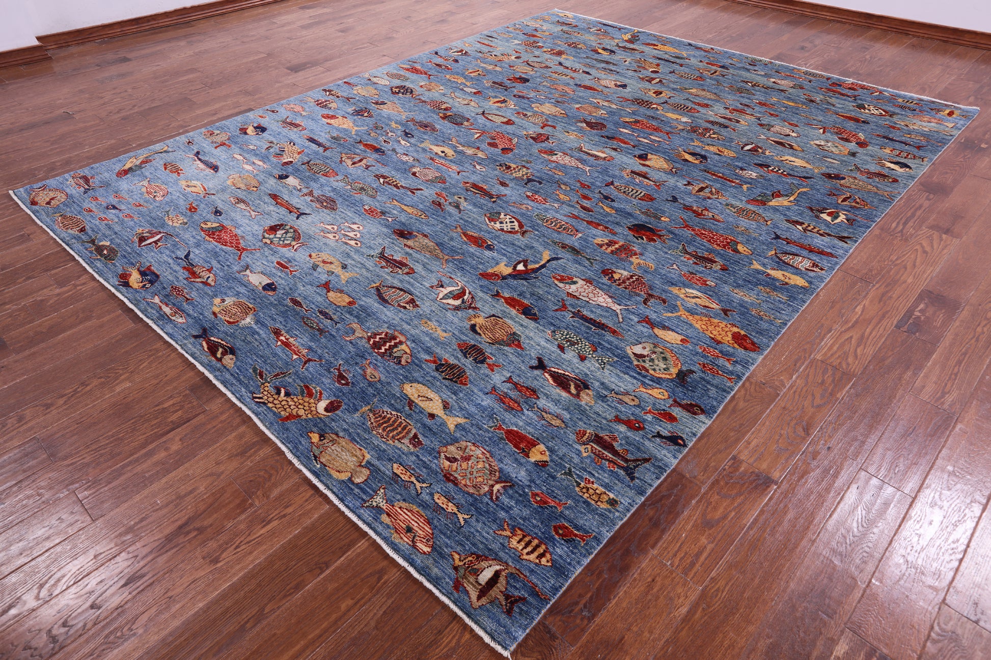 Blue Fish Design Persian Gabbeh Hand Knotted Wool Rug - 9' 0" X 11' 9" - Golden Nile