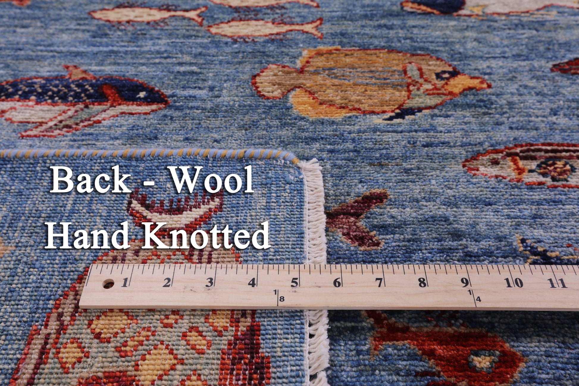 Blue Fish Design Persian Gabbeh Hand Knotted Wool Rug - 9' 0" X 11' 9" - Golden Nile