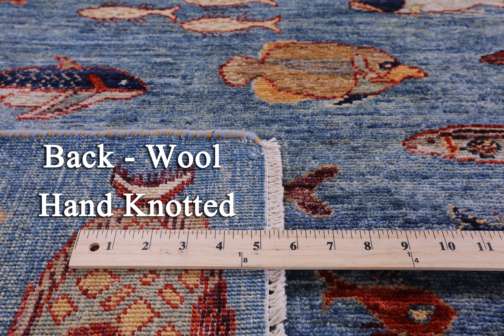 Blue Fish Design Persian Gabbeh Hand Knotted Wool Rug - 9' 0" X 11' 9" - Golden Nile