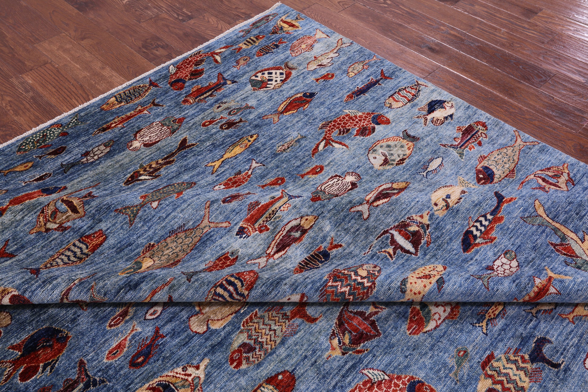 Blue Fish Design Persian Gabbeh Hand Knotted Wool Rug - 9' 0" X 11' 9" - Golden Nile