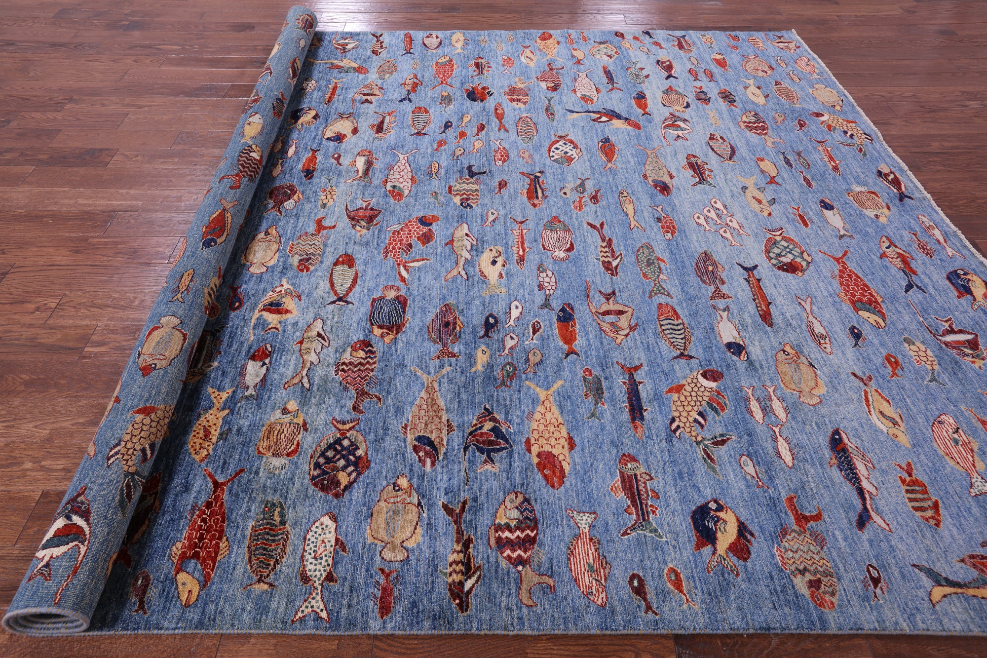 Blue Fish Design Persian Gabbeh Hand Knotted Wool Rug - 9' 0" X 11' 9" - Golden Nile