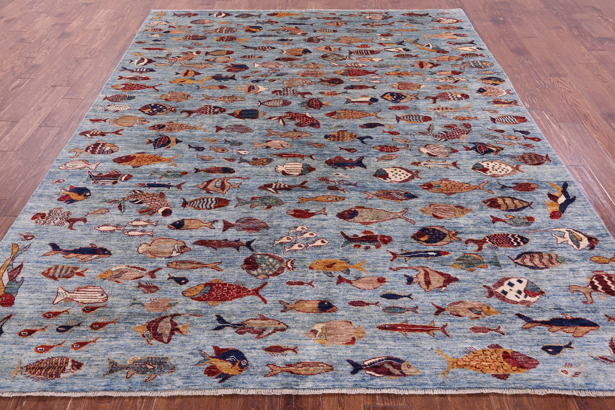 Blue Fish Design Persian Gabbeh Hand Knotted Wool Rug - 8' 1" X 9' 9" - Golden Nile