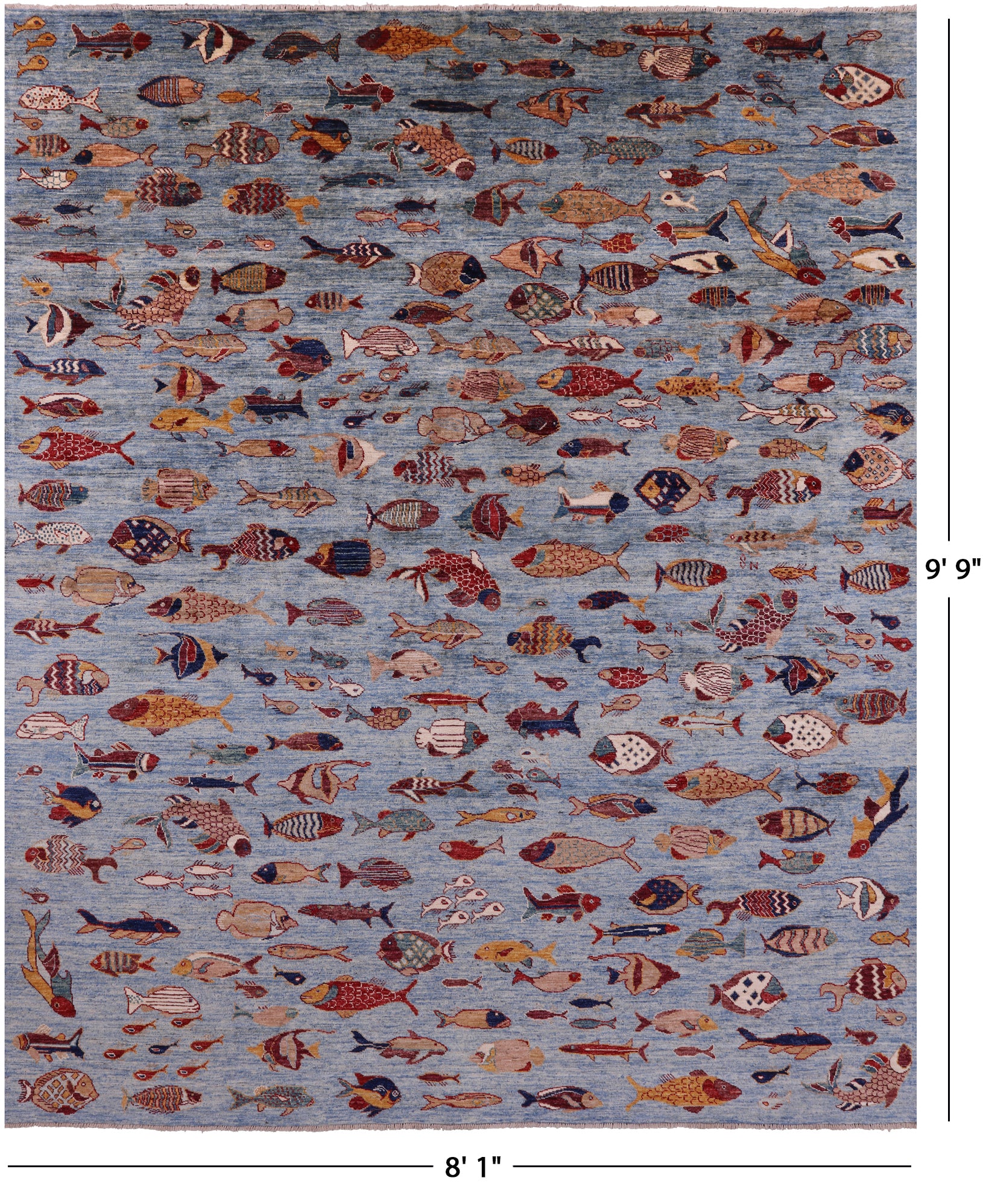 Blue Fish Design Persian Gabbeh Hand Knotted Wool Rug - 8' 1" X 9' 9" - Golden Nile