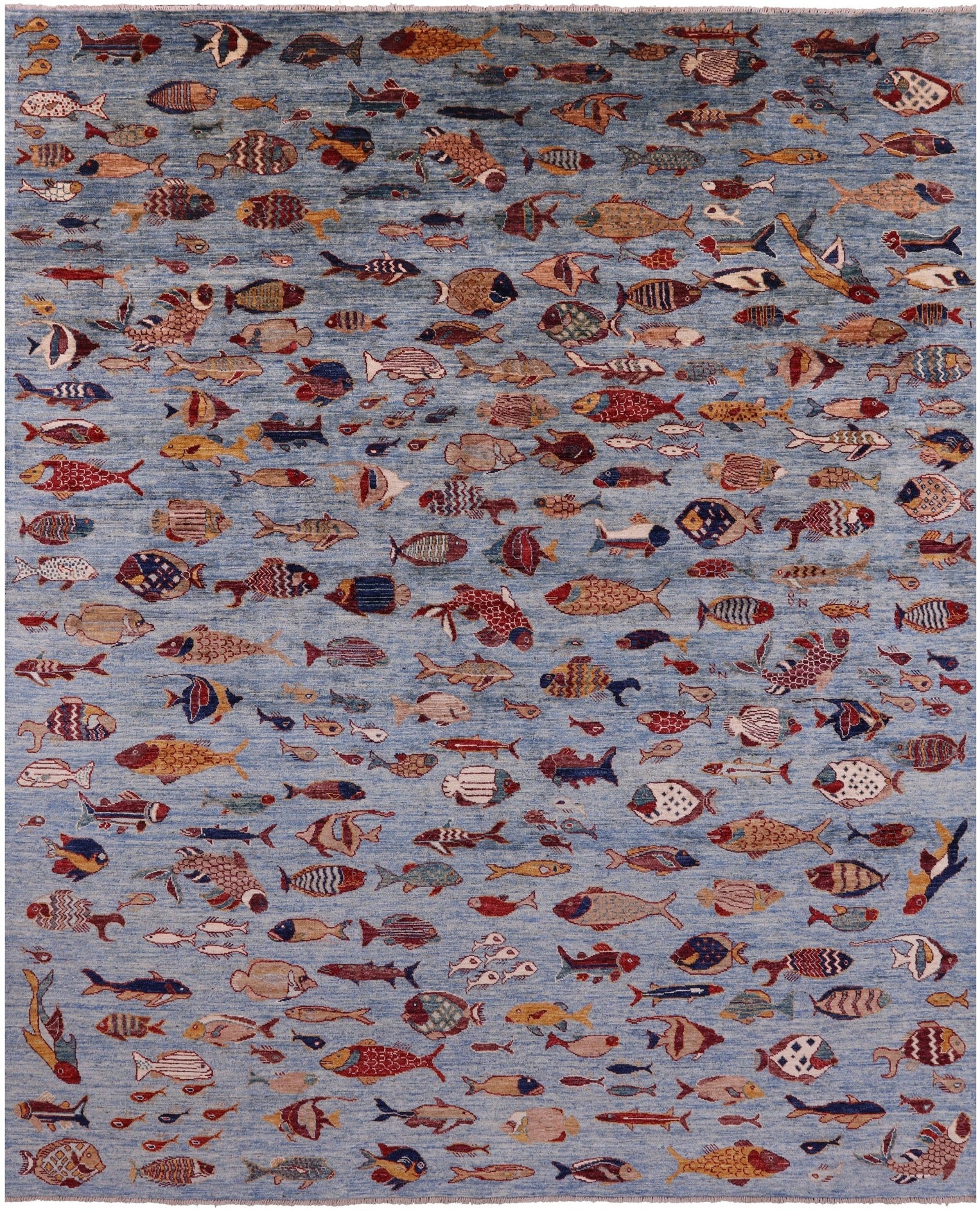 Blue Fish Design Persian Gabbeh Hand Knotted Wool Rug - 8' 1" X 9' 9" - Golden Nile
