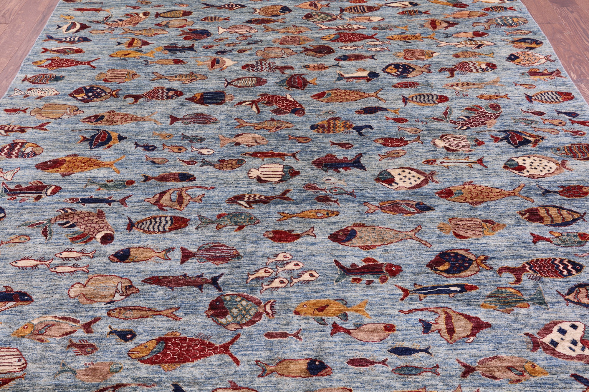 Blue Fish Design Persian Gabbeh Hand Knotted Wool Rug - 8' 1" X 9' 9" - Golden Nile