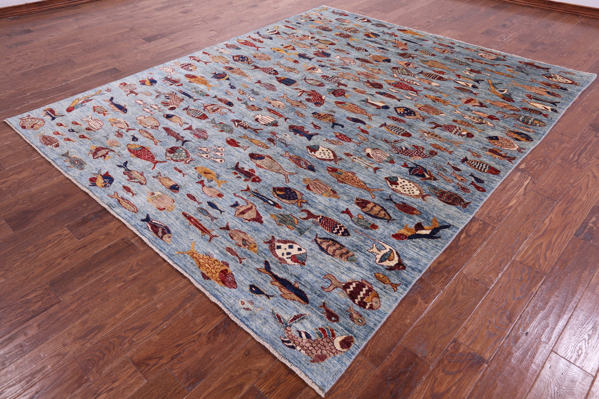 Blue Fish Design Persian Gabbeh Hand Knotted Wool Rug - 8' 1" X 9' 9" - Golden Nile