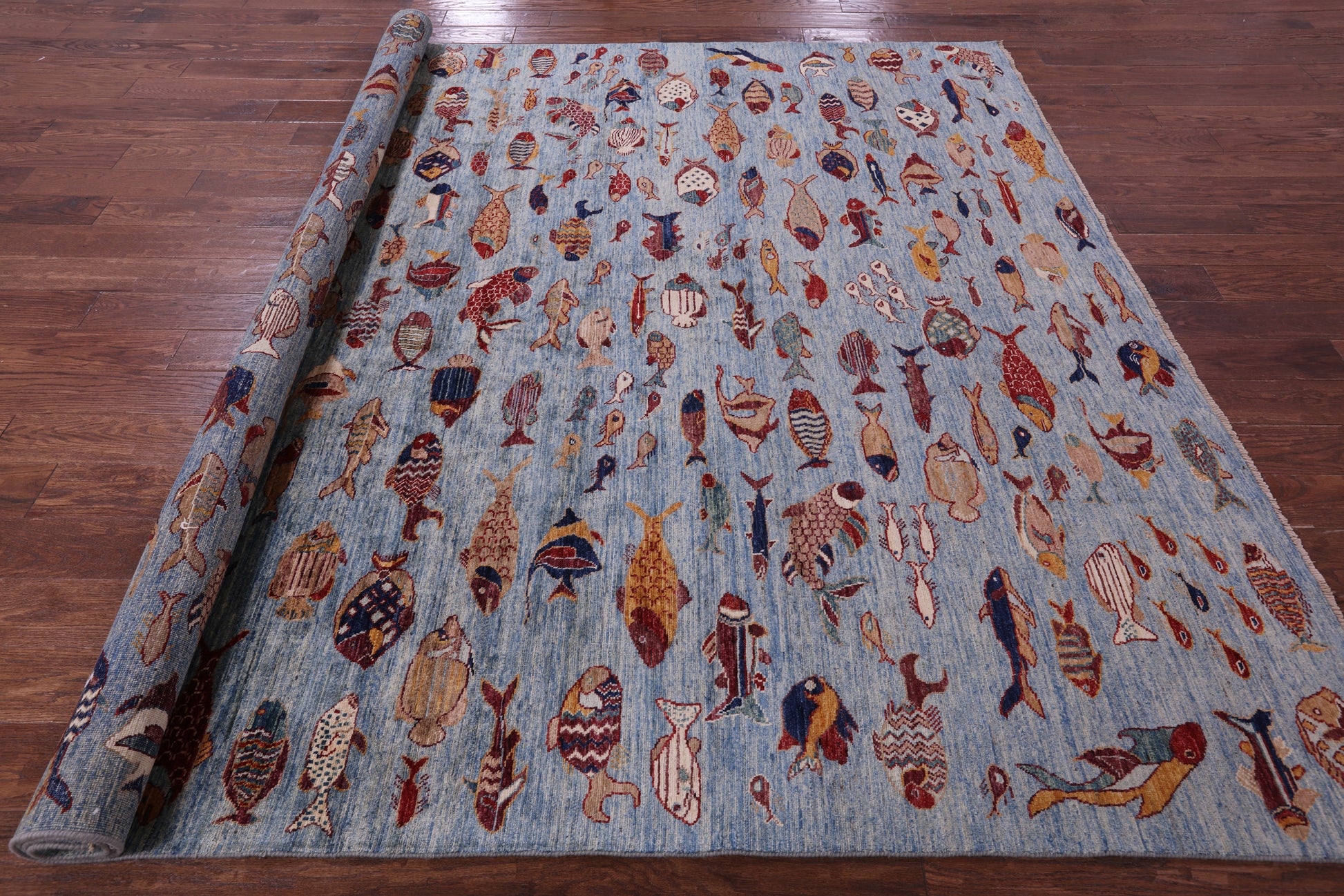 Blue Fish Design Persian Gabbeh Hand Knotted Wool Rug - 8' 1" X 9' 9" - Golden Nile