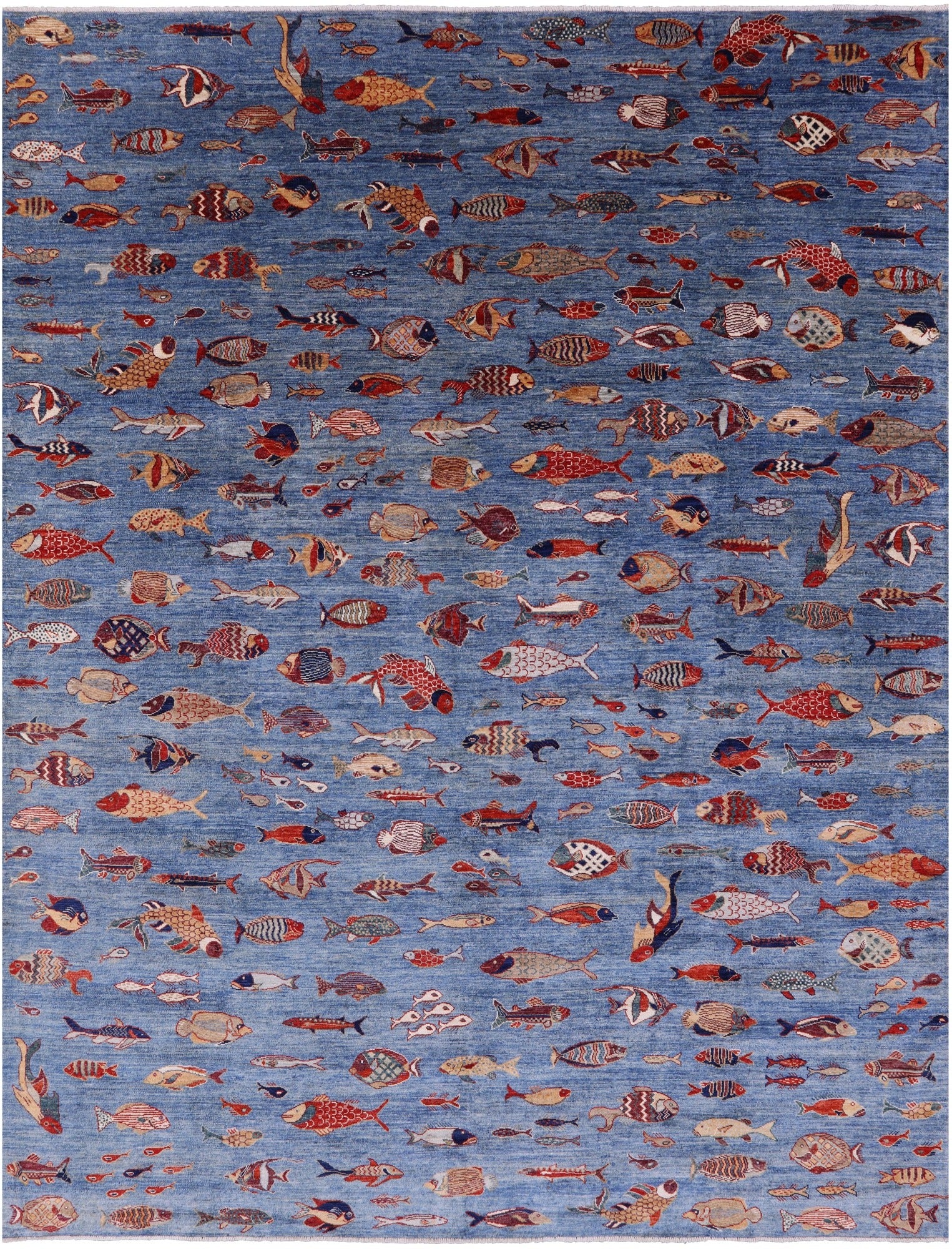 Blue Fish Design Persian Gabbeh Hand Knotted Wool Rug - 9' 0" X 11' 9" - Golden Nile