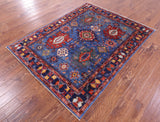Blue Persian Fine Serapi Hand Knotted Wool Rug - 5' 0" X 6' 6" - Golden Nile