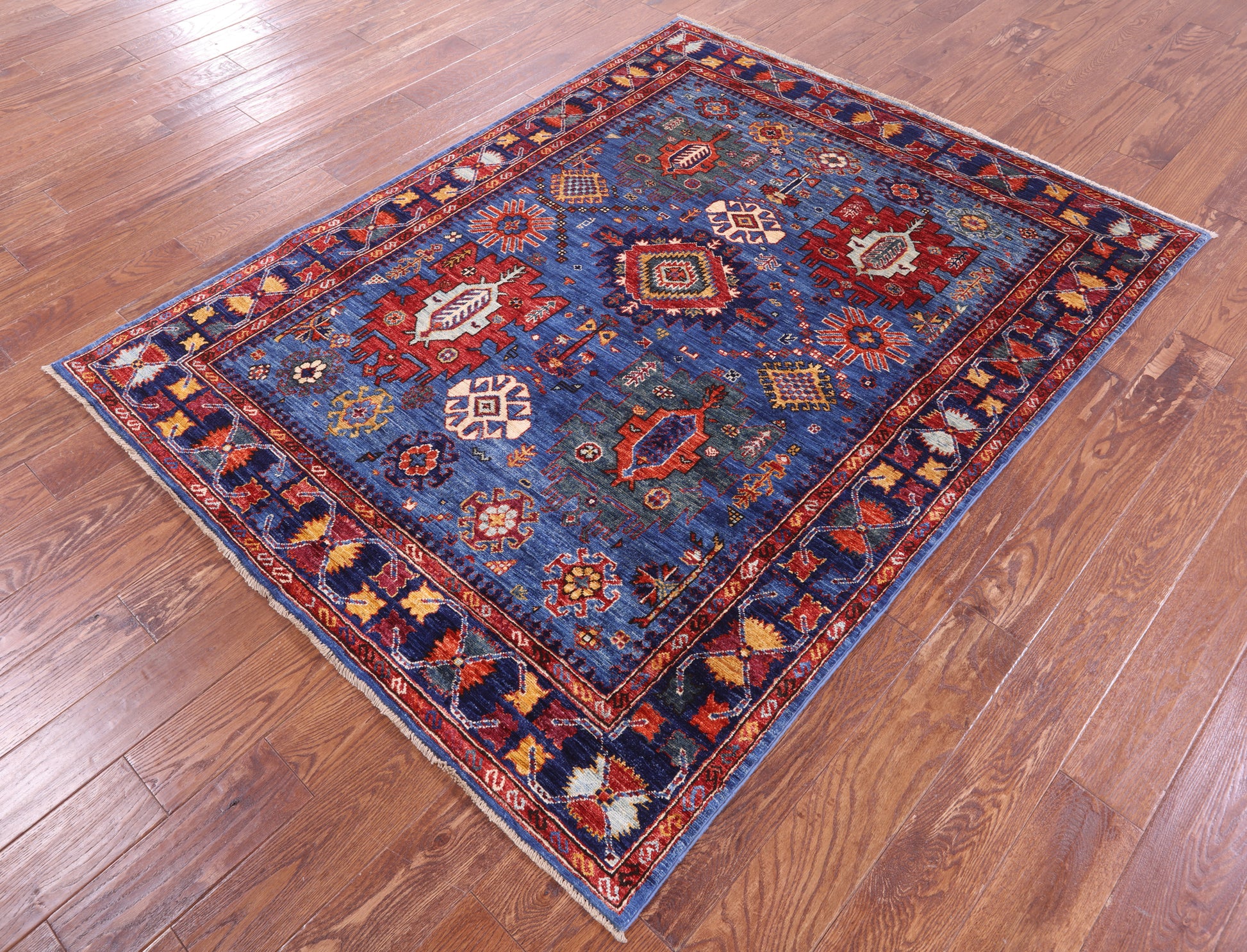Blue Persian Fine Serapi Hand Knotted Wool Rug - 5' 0" X 6' 6" - Golden Nile