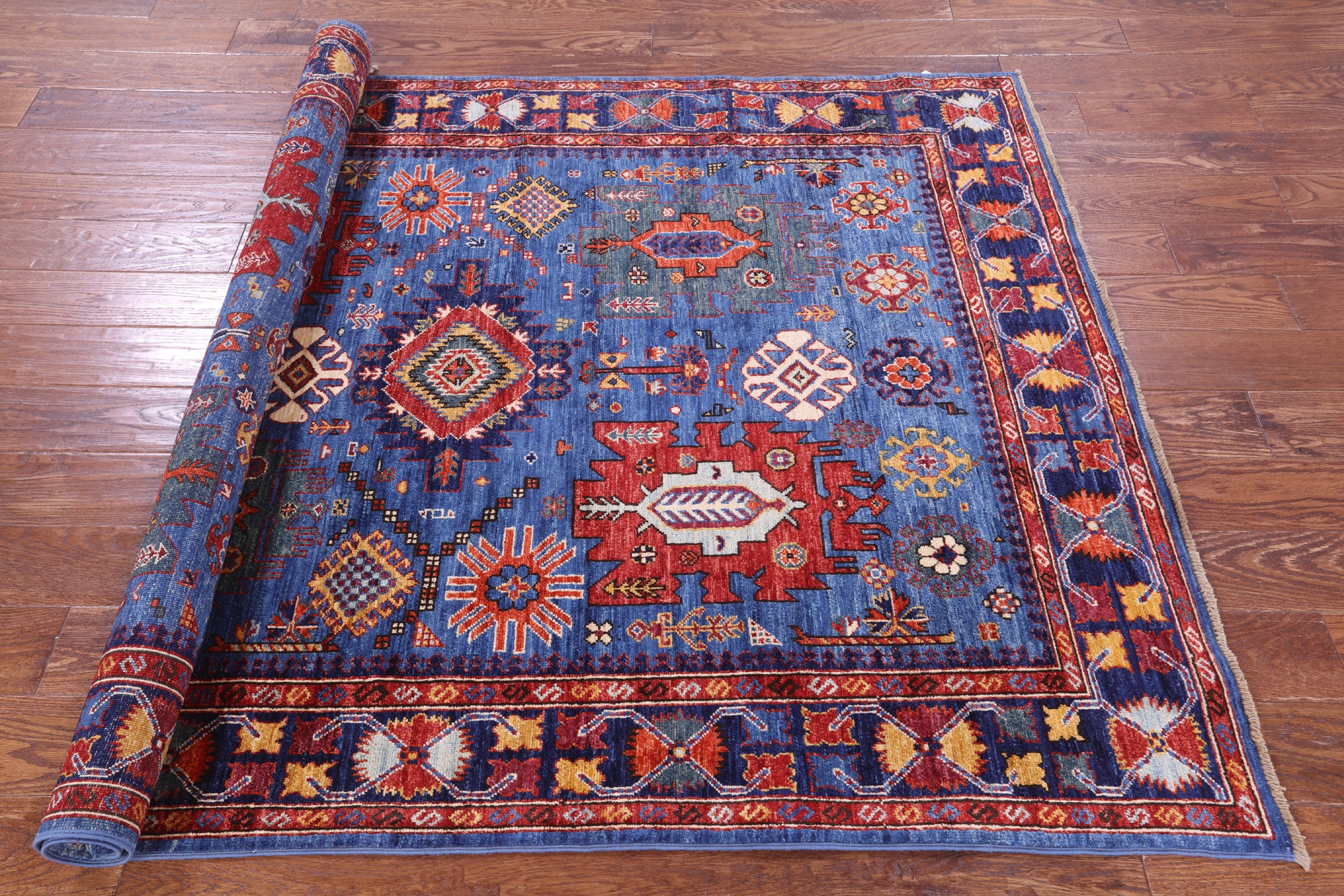 Blue Persian Fine Serapi Hand Knotted Wool Rug - 5' 0" X 6' 6" - Golden Nile
