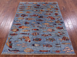 Blue Fish Design Persian Gabbeh Hand Knotted Wool Rug - 4' 11" X 6' 4" - Golden Nile