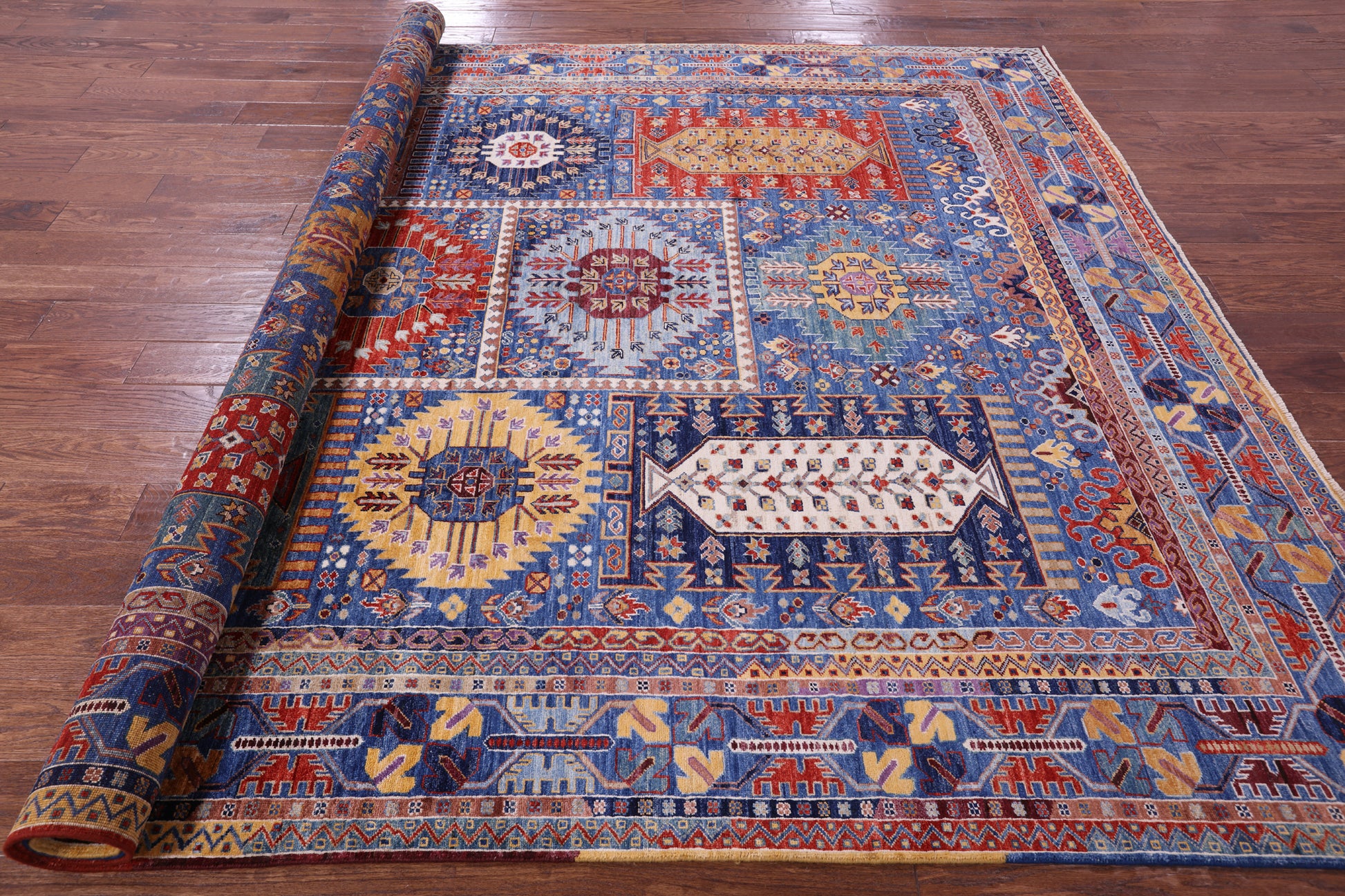 Blue Persian Fine Serapi Hand Knotted Wool Rug - 8' 0" X 10' 4" - Golden Nile