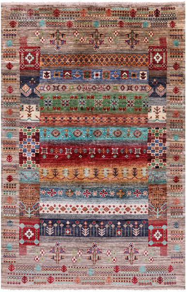 Tribal Persian Gabbeh Handmade Wool Rug - 4' 0" X 6' 1" - Golden Nile