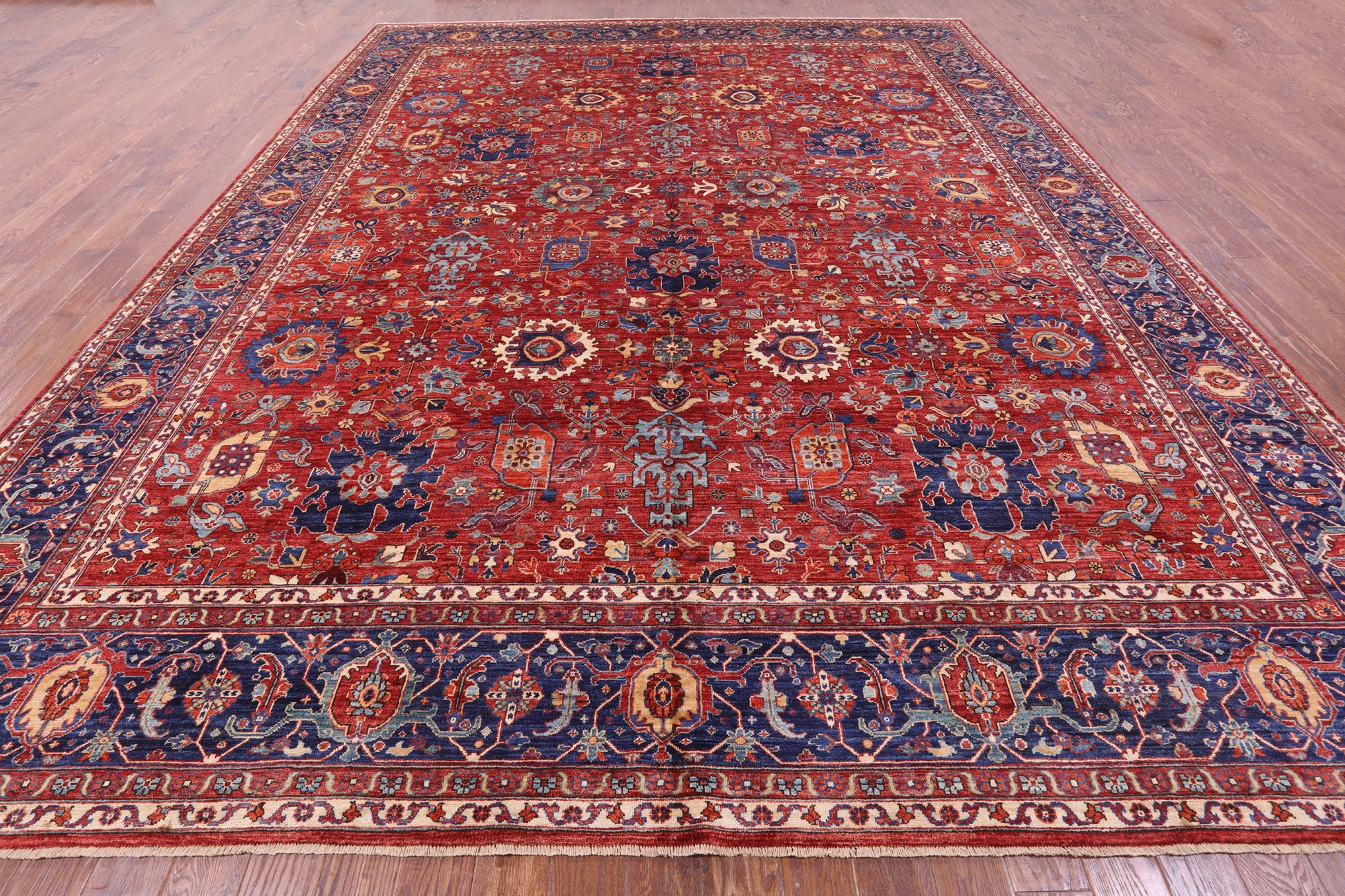 Red Persian Fine Serapi Hand Knotted Wool Rug - 11' 9" X 15' 1" - Golden Nile