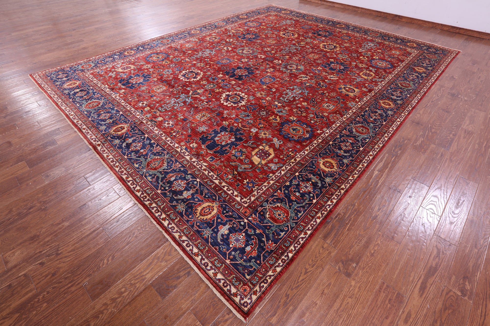 Red Persian Fine Serapi Hand Knotted Wool Rug - 11' 9" X 15' 1" - Golden Nile