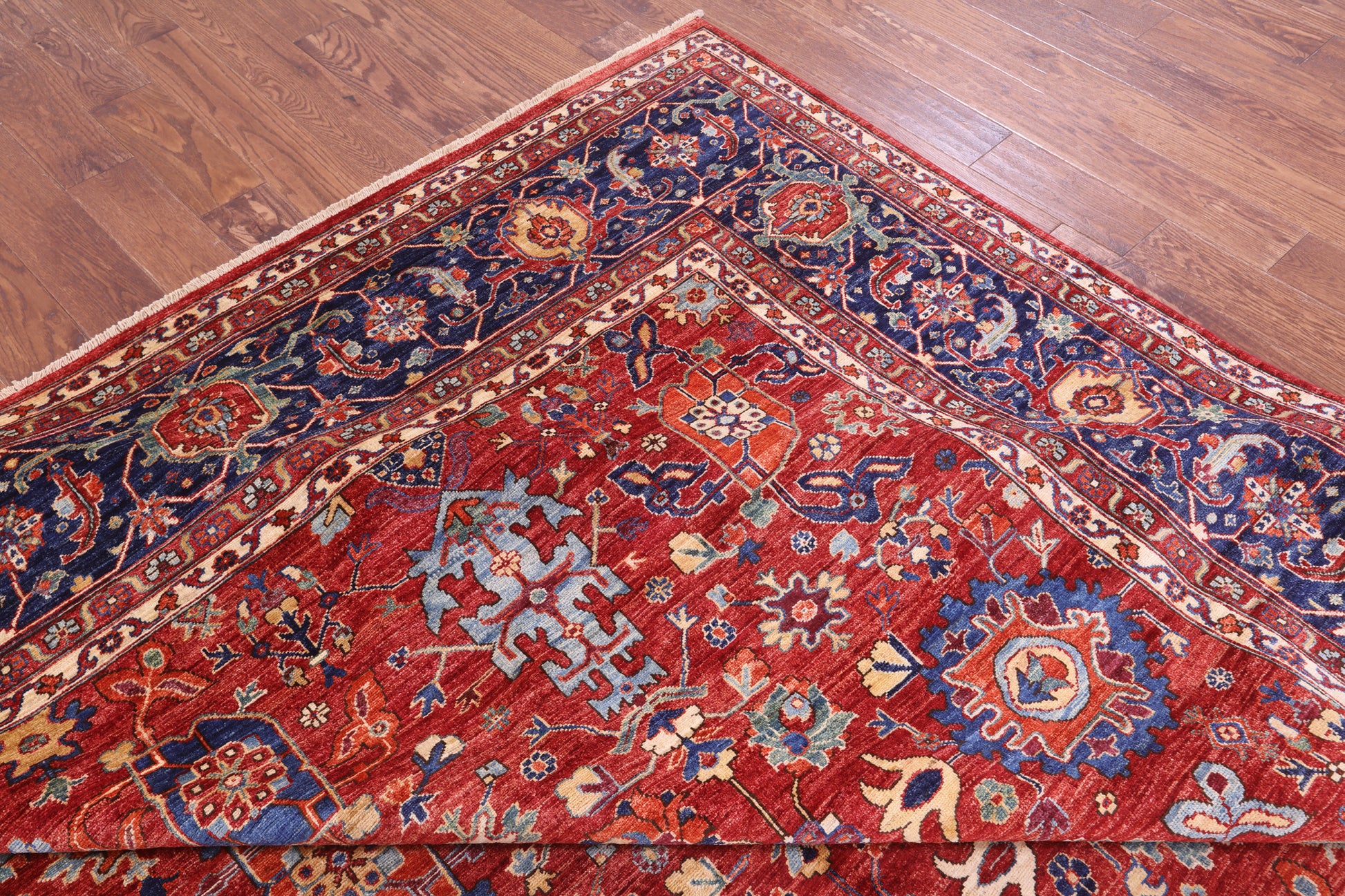 Red Persian Fine Serapi Hand Knotted Wool Rug - 11' 9" X 15' 1" - Golden Nile