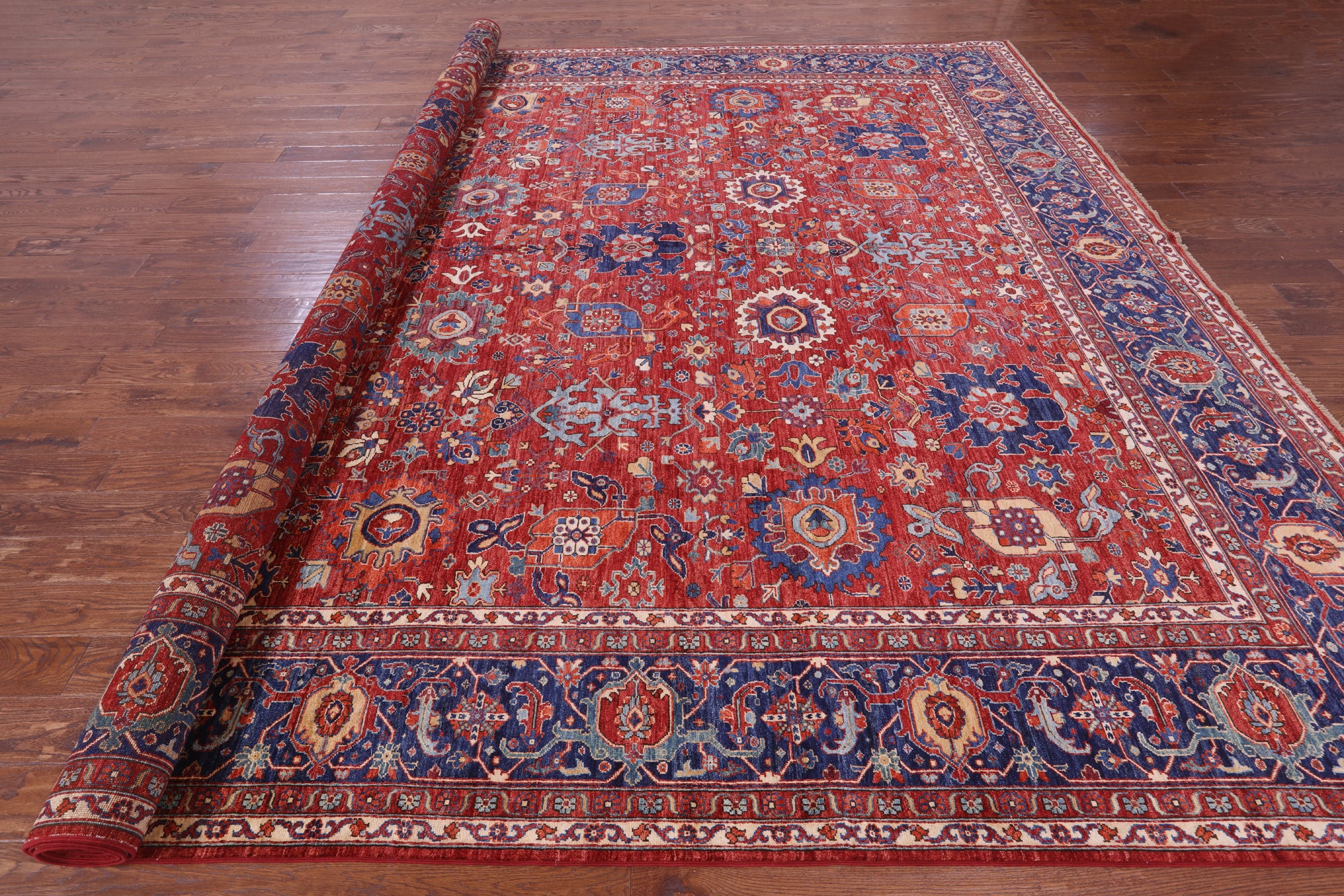 Red Persian Fine Serapi Hand Knotted Wool Rug - 11' 9" X 15' 1" - Golden Nile