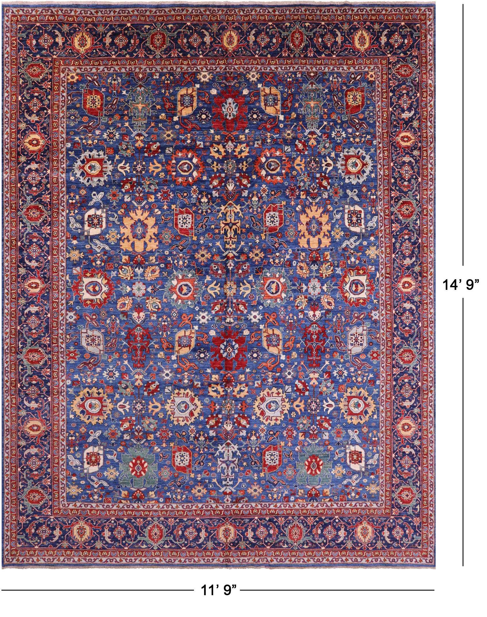 Blue Persian Fine Serapi Hand Knotted Wool Rug - 11' 9" X 14' 9" - Golden Nile