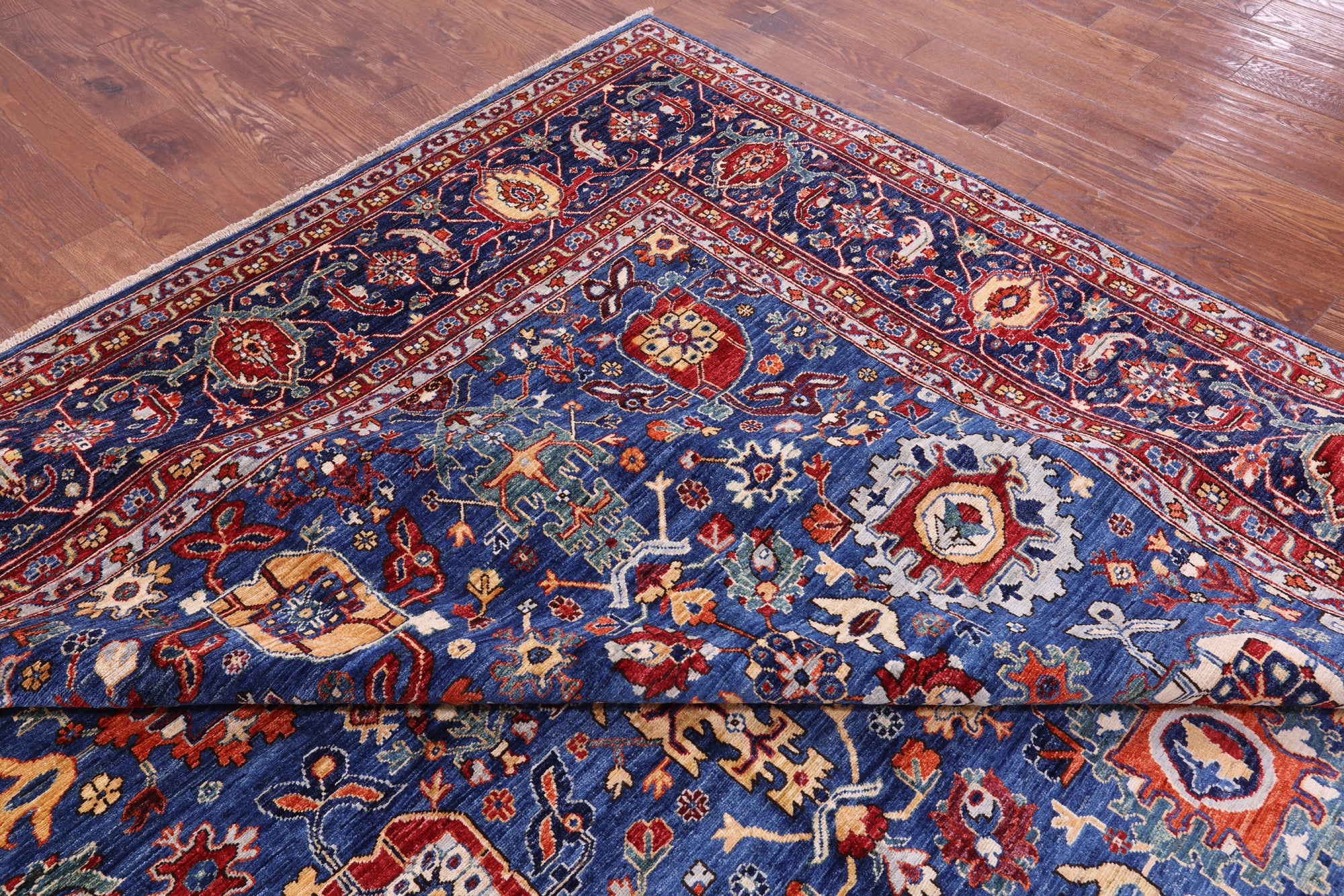 Blue Persian Fine Serapi Hand Knotted Wool Rug - 11' 9" X 14' 9" - Golden Nile