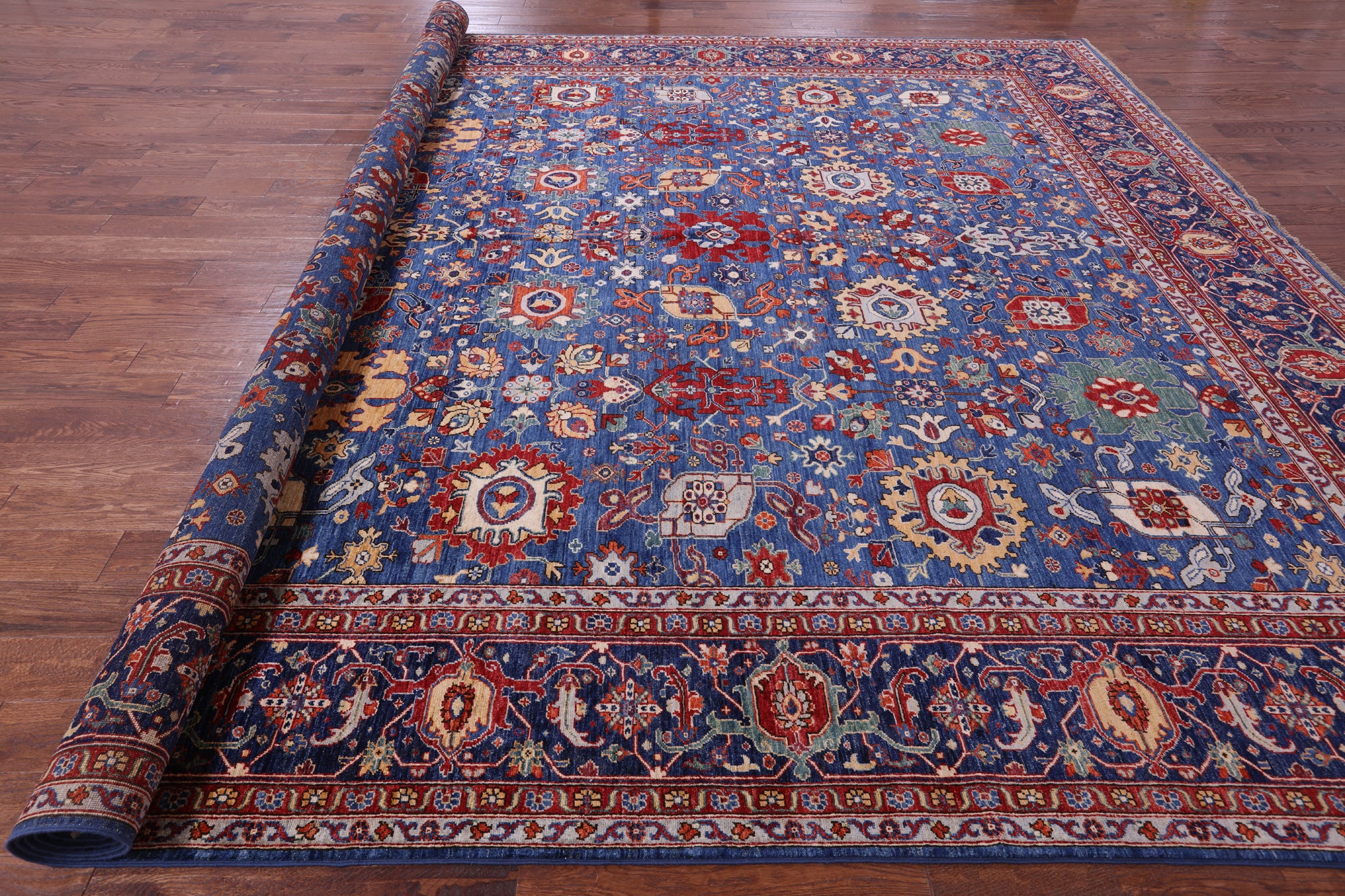 Blue Persian Fine Serapi Hand Knotted Wool Rug - 11' 9" X 14' 9" - Golden Nile
