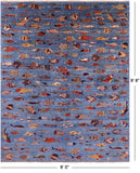 Blue Fish Design Persian Gabbeh Hand Knotted Wool Rug - 8' 0" X 9' 8" - Golden Nile