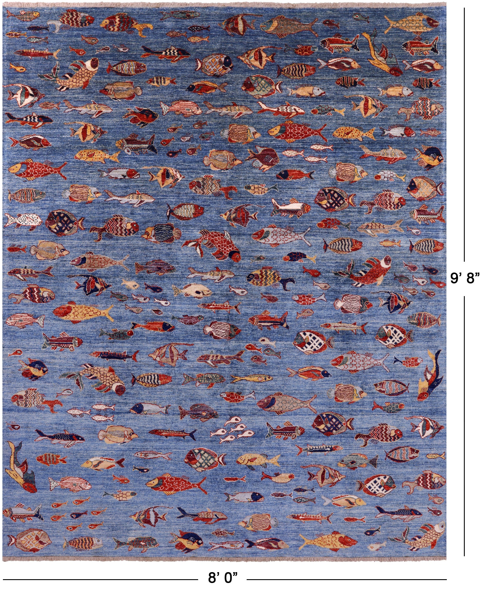 Blue Fish Design Persian Gabbeh Hand Knotted Wool Rug - 8' 0" X 9' 8" - Golden Nile