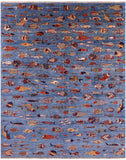 Blue Fish Design Persian Gabbeh Hand Knotted Wool Rug - 8' 0" X 9' 8" - Golden Nile