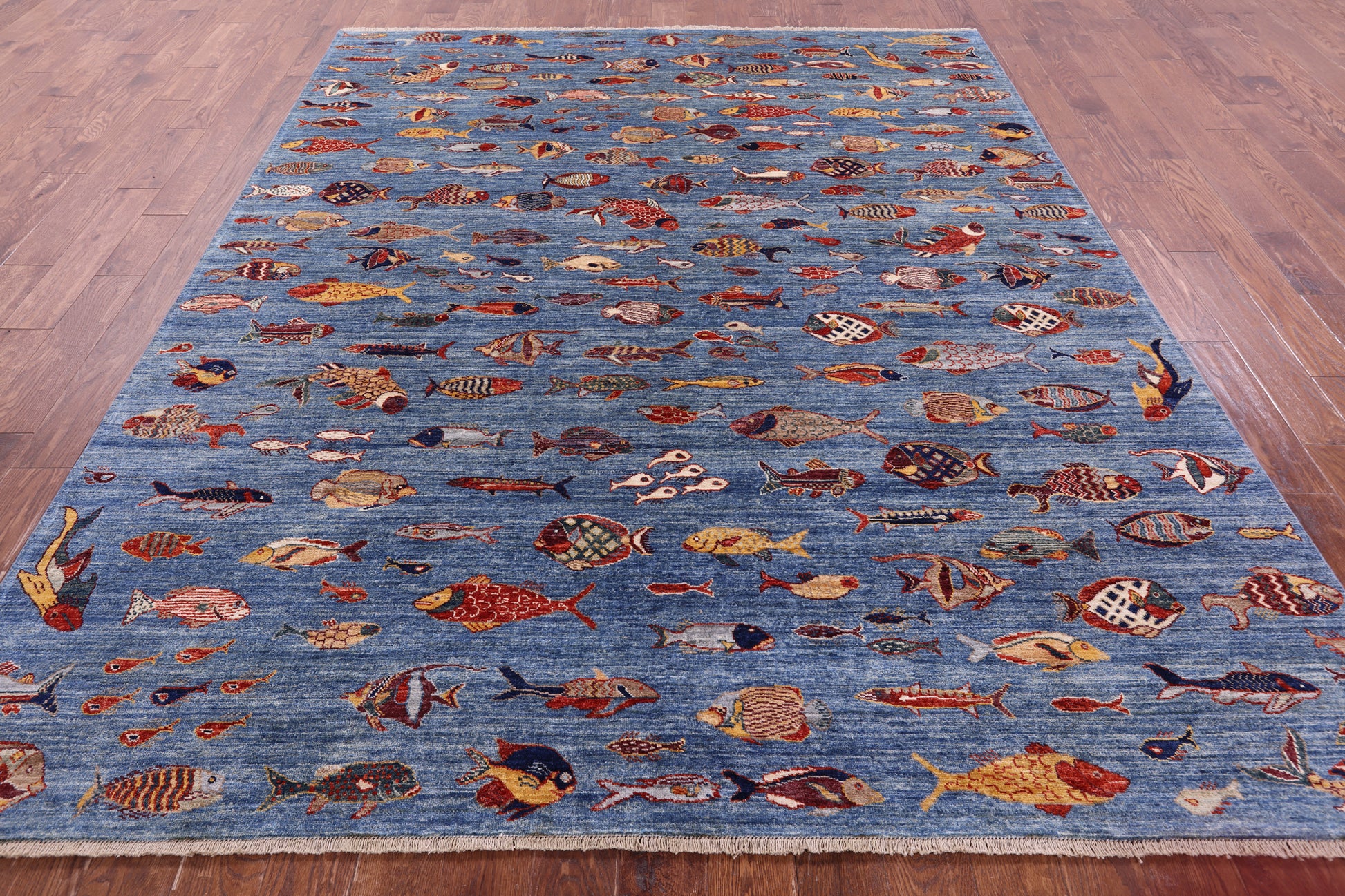 Blue Fish Design Persian Gabbeh Hand Knotted Wool Rug - 8' 0" X 9' 8" - Golden Nile