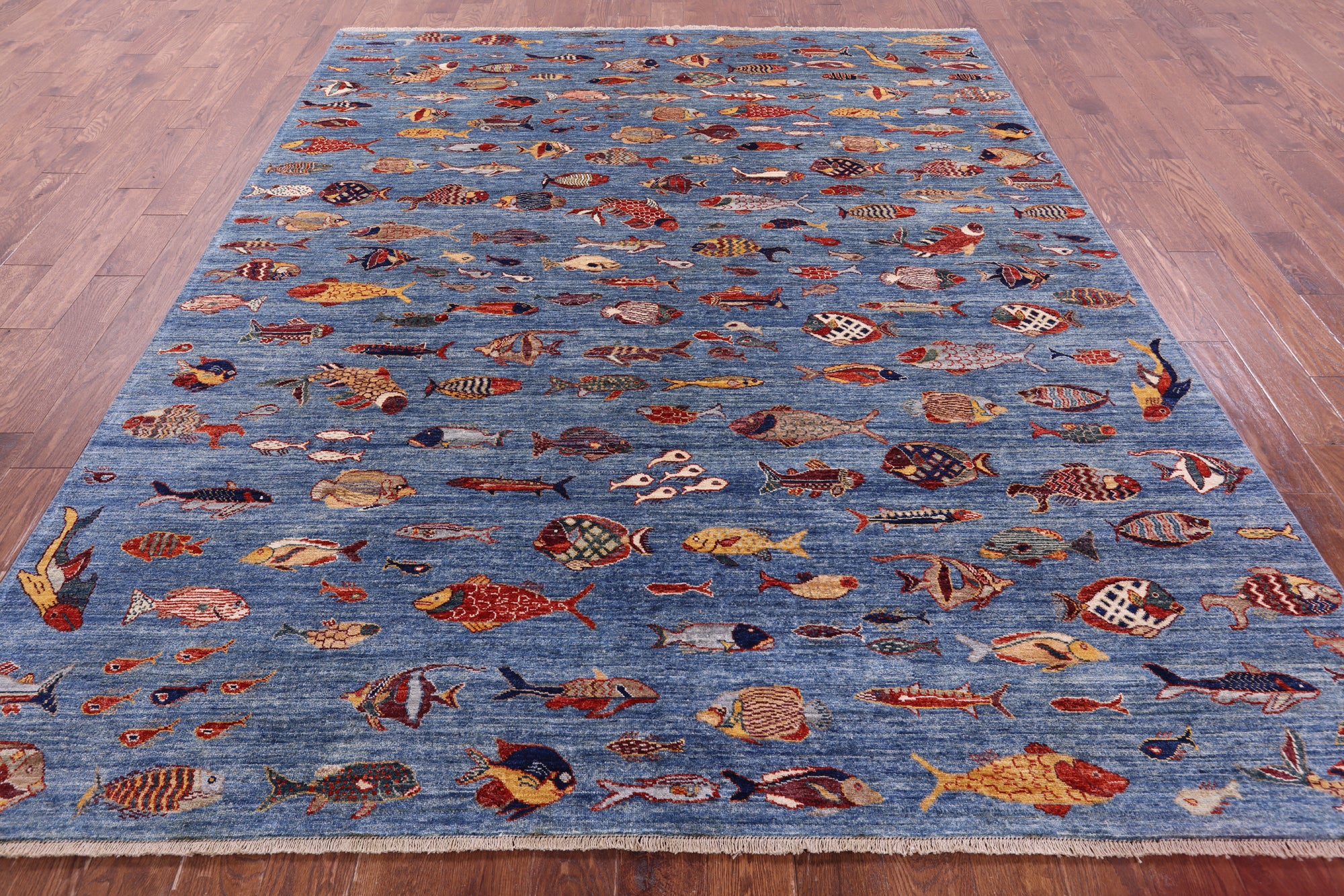 Blue Fish Design Persian Gabbeh Hand Knotted Wool Rug - 8' 0" X 9' 8" - Golden Nile