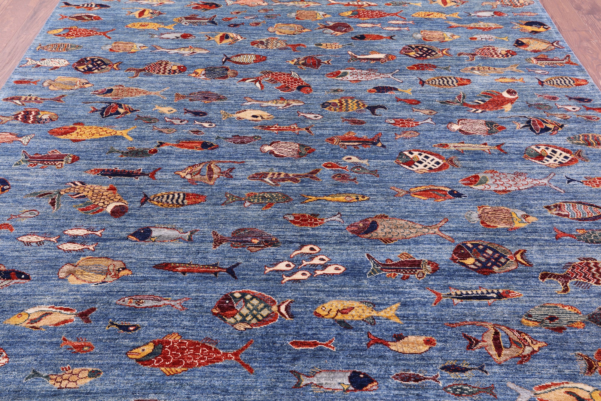 Blue Fish Design Persian Gabbeh Hand Knotted Wool Rug - 8' 0" X 9' 8" - Golden Nile